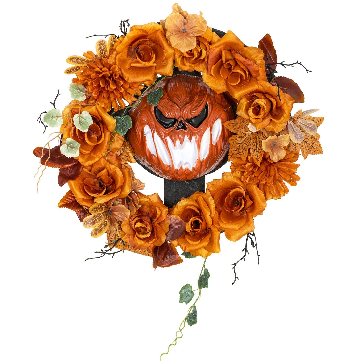 Halloweenkrans, pumpadesign, höstlöv, LED-effekter