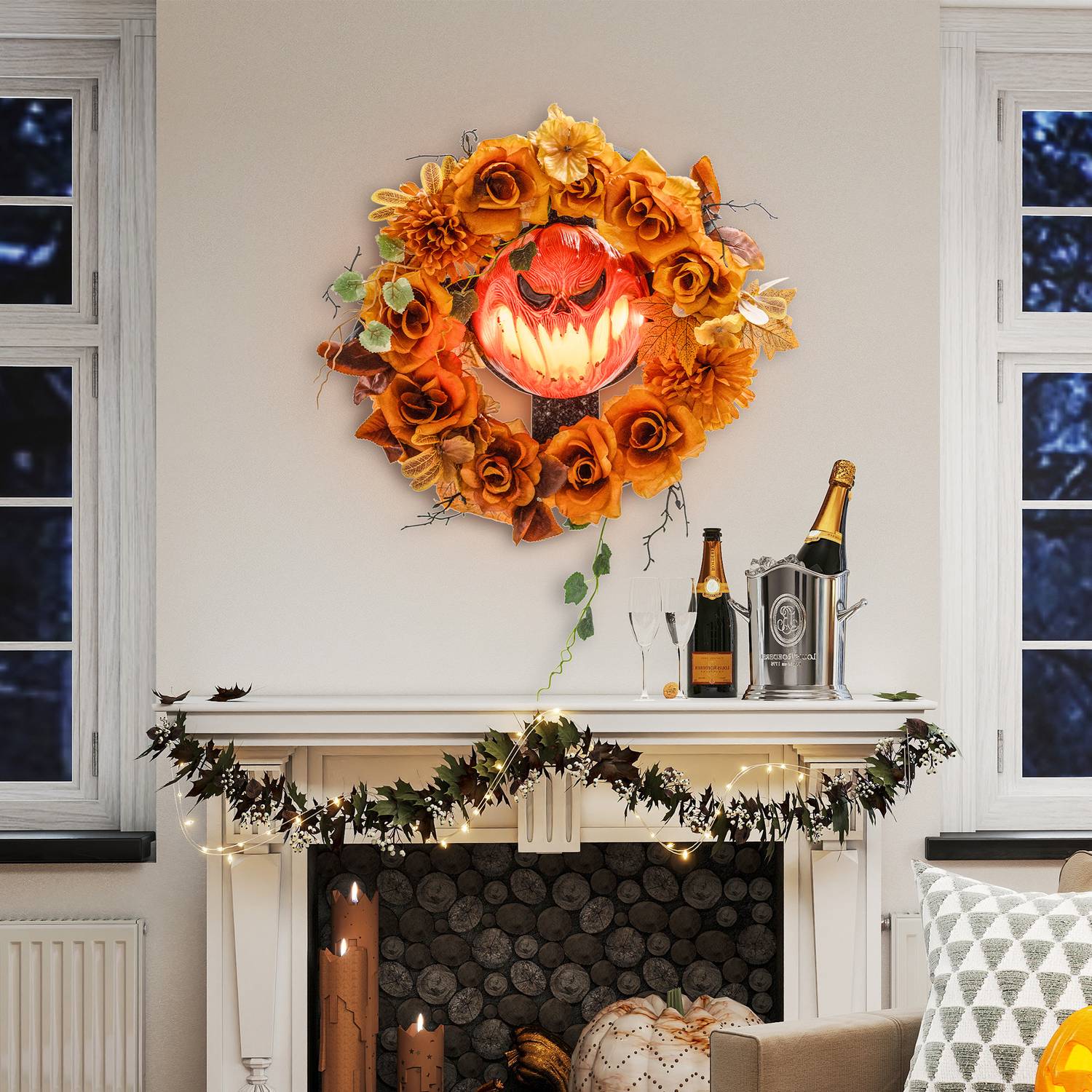 Halloweenkrans, pumpadesign, höstlöv, LED-effekter