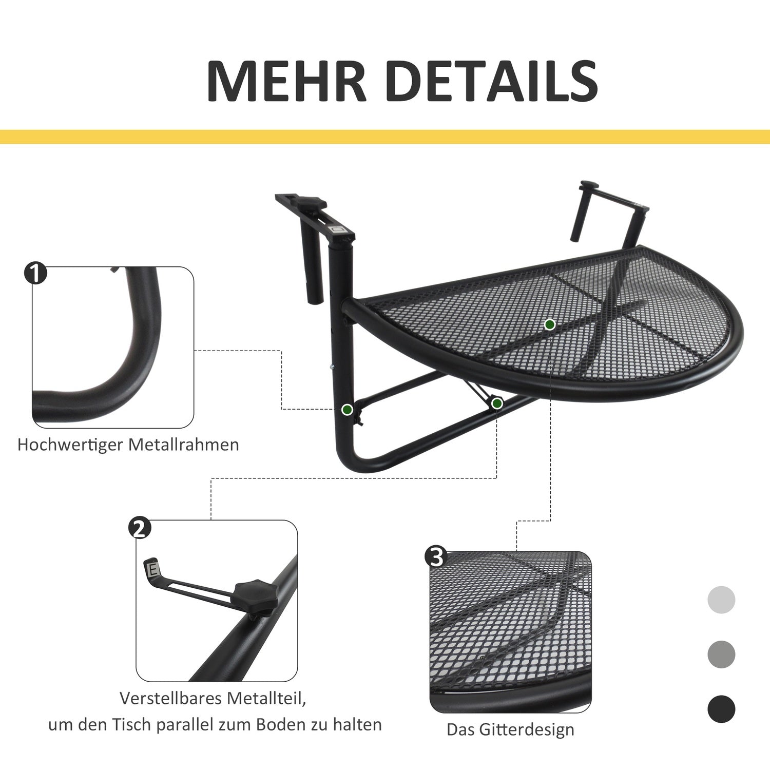 Halvrunda metallbalkongbord, höjdjusterbar Ø30Cm