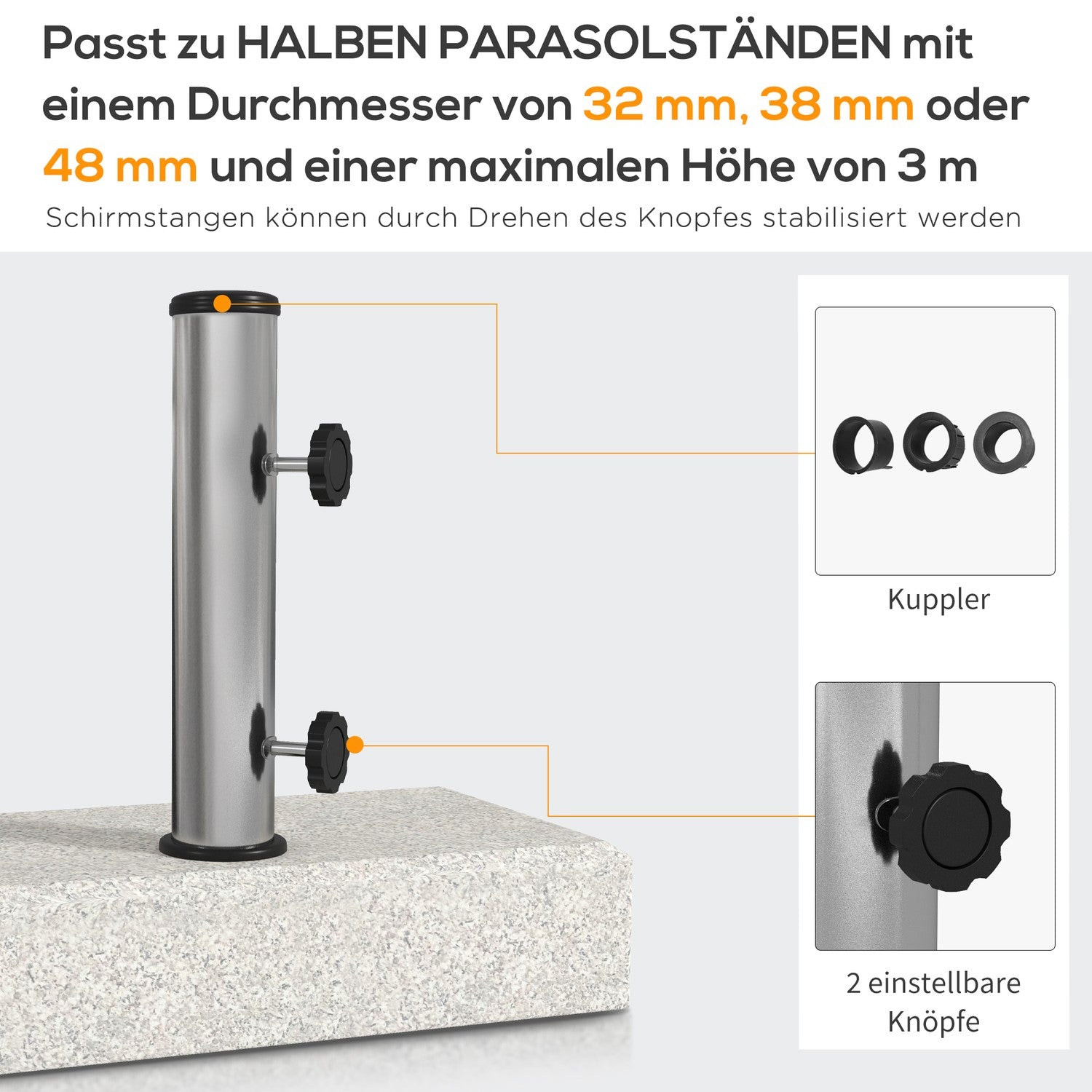 Půlkruhový podstavec pod slunečník, žulový, 25 kg, pro tyče 32–48 mm