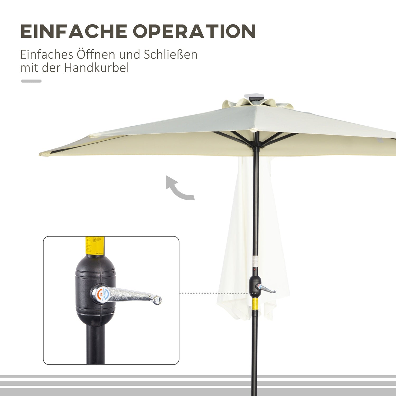 Halvt paraply med LED-lampor, handvev, solpanel, beige