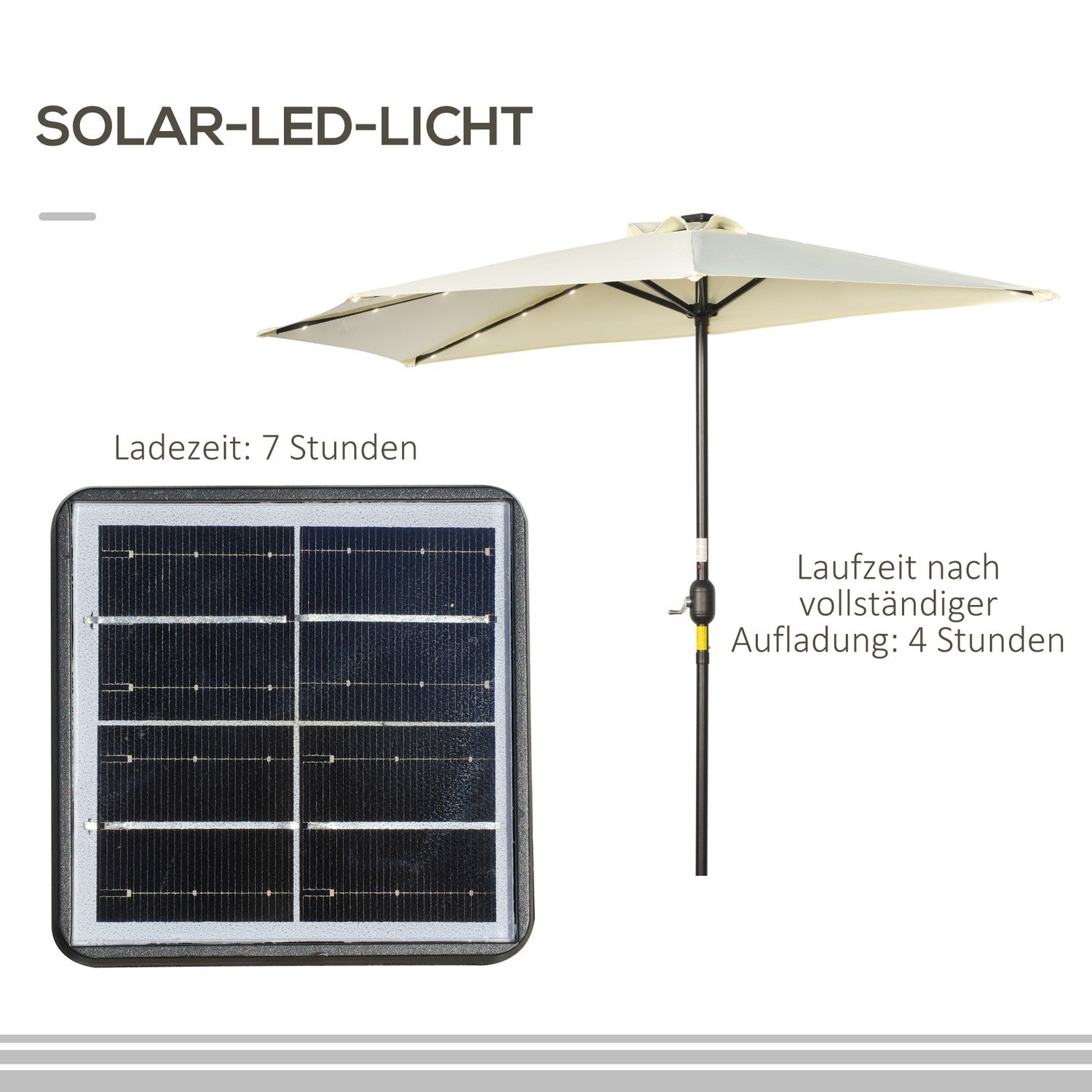 Halvt paraply med LED-lampor, handvev, solpanel, beige