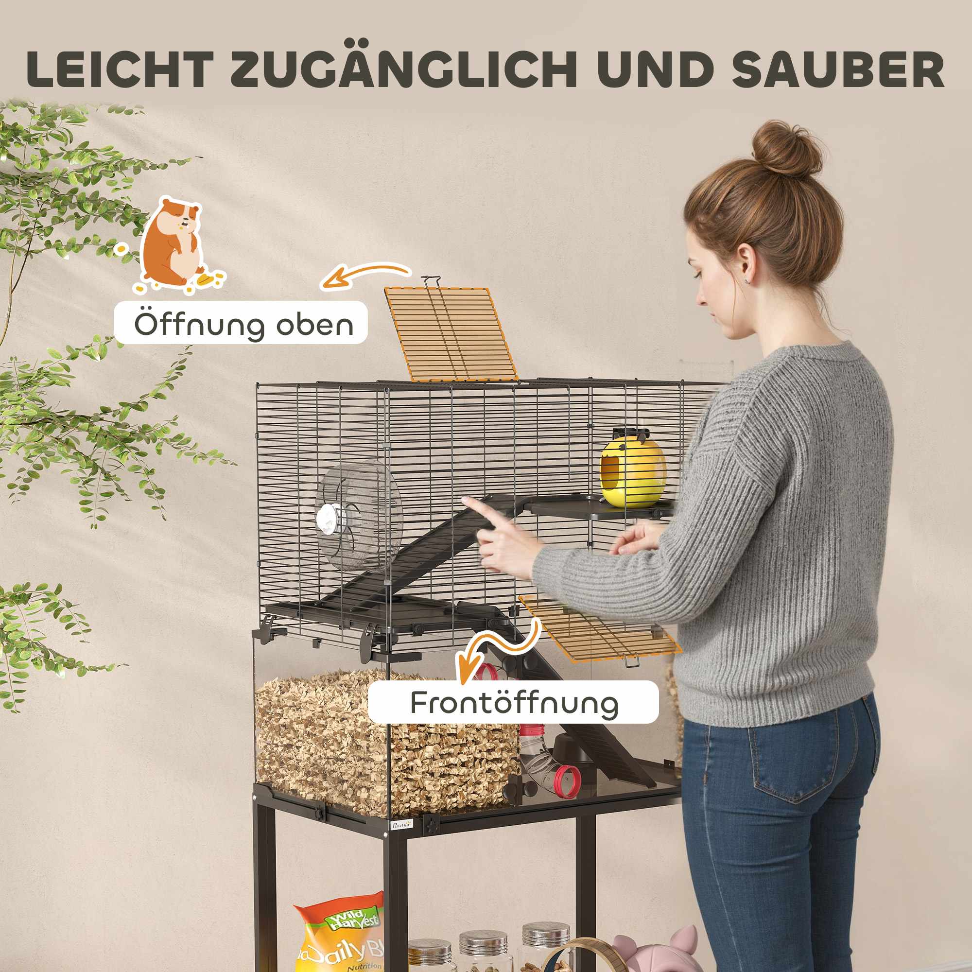 Hamsterbur i tre nivåer med hjul och tillbehör