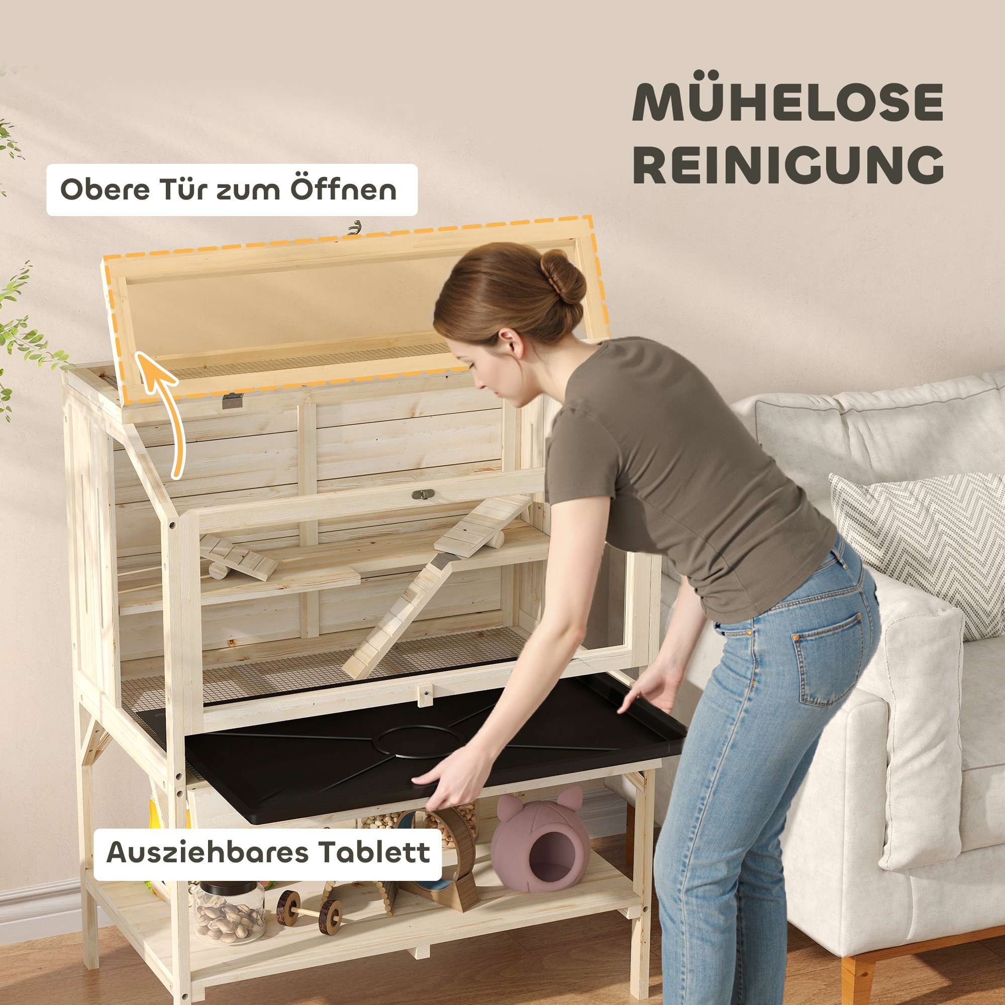 Hamsterbur i två nivåer med förvaring, naturträ, 84x53x110 cm
