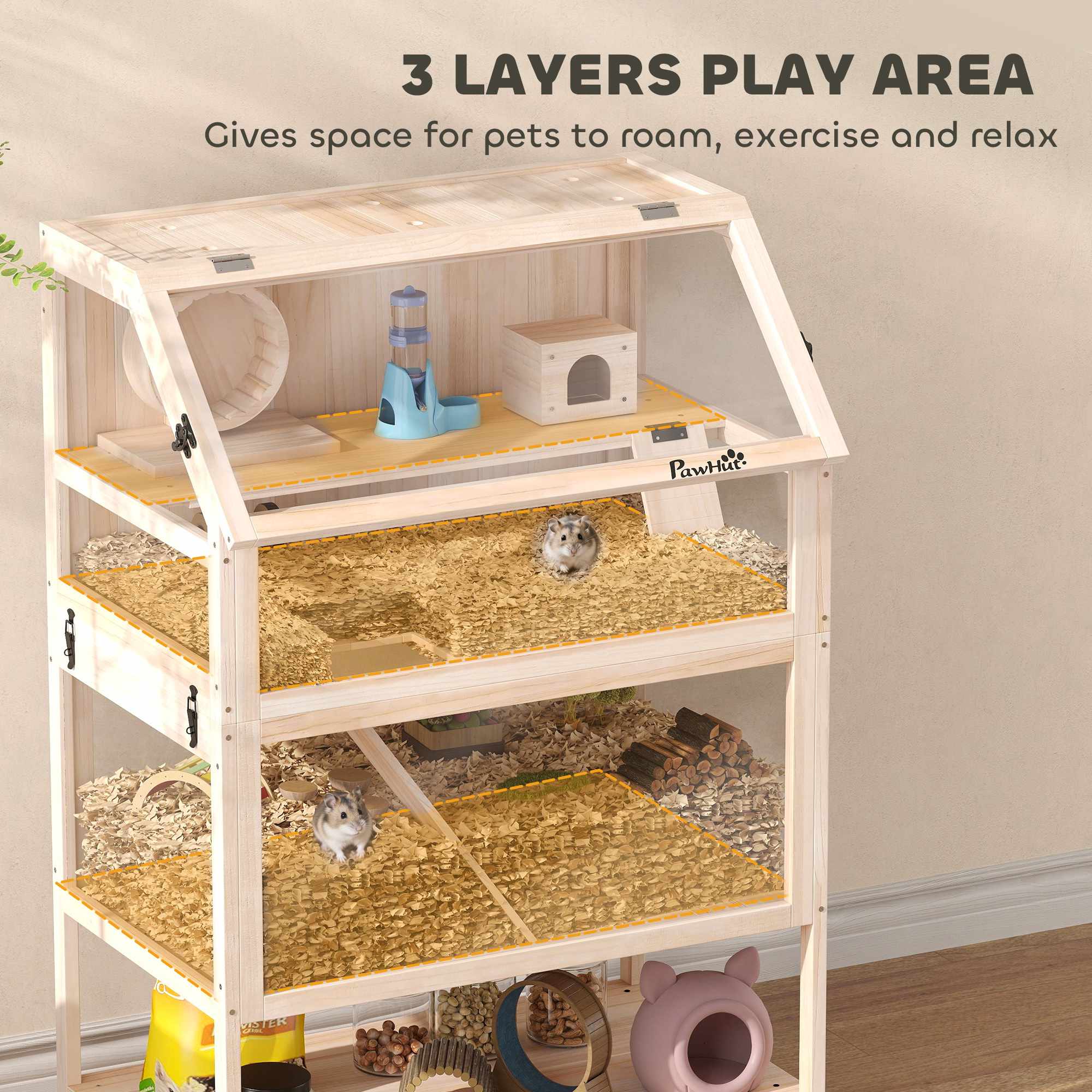 Hamsterbur med 3 nivåer, tillbehör, lätt att rengöra
