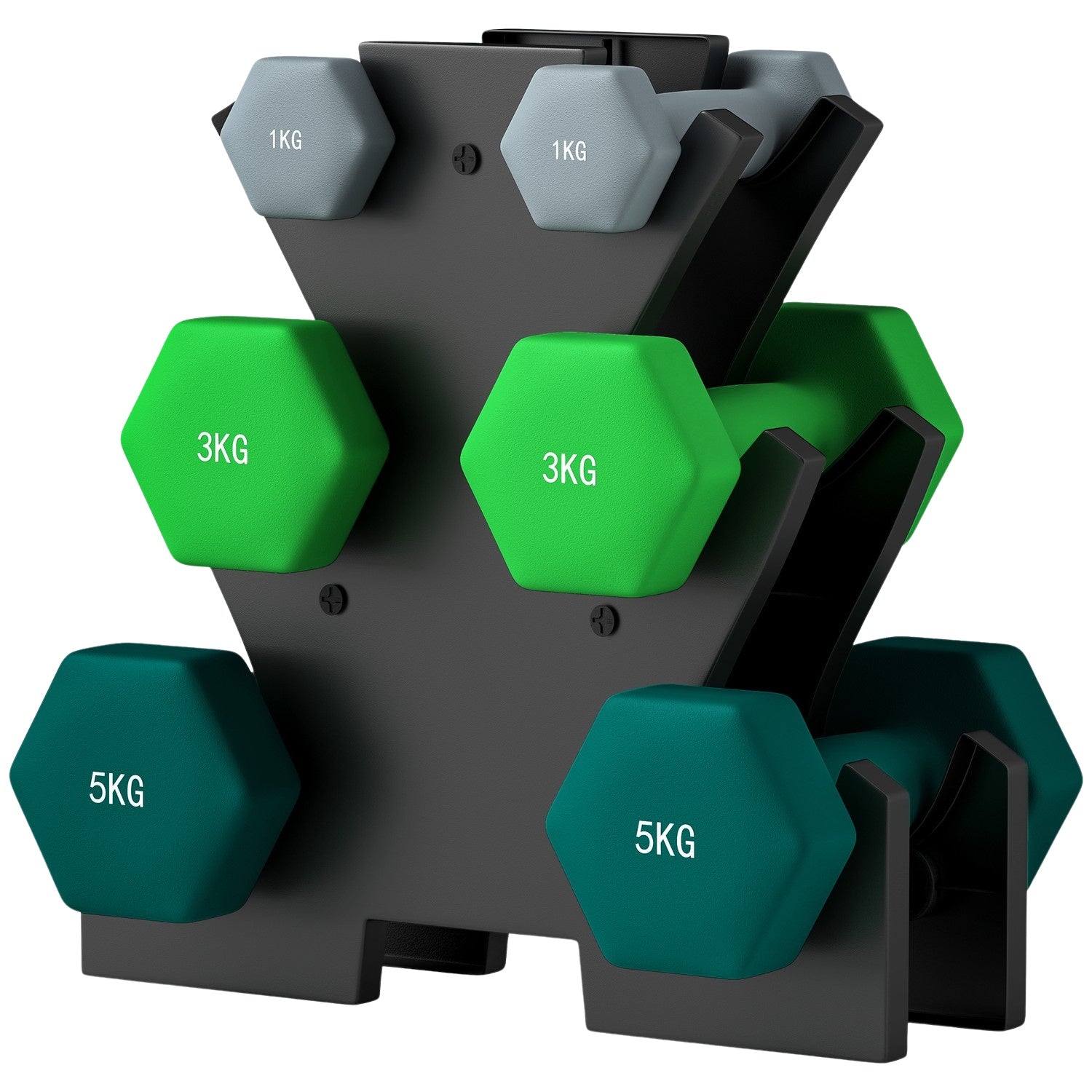 Hantelset med stativ – 6 par: 1 kg, 3 kg, 5 kg