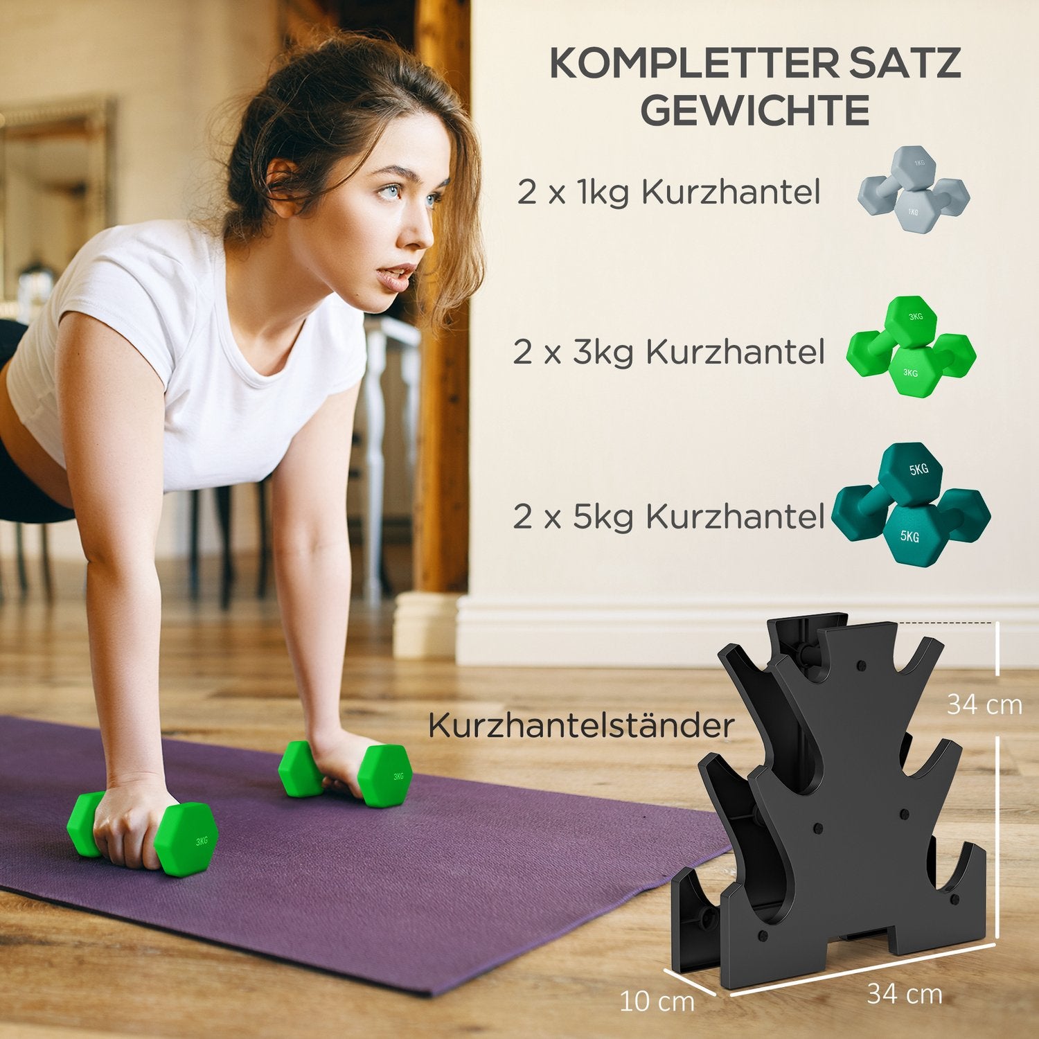 Hantelset med stativ – 6 par: 1 kg, 3 kg, 5 kg