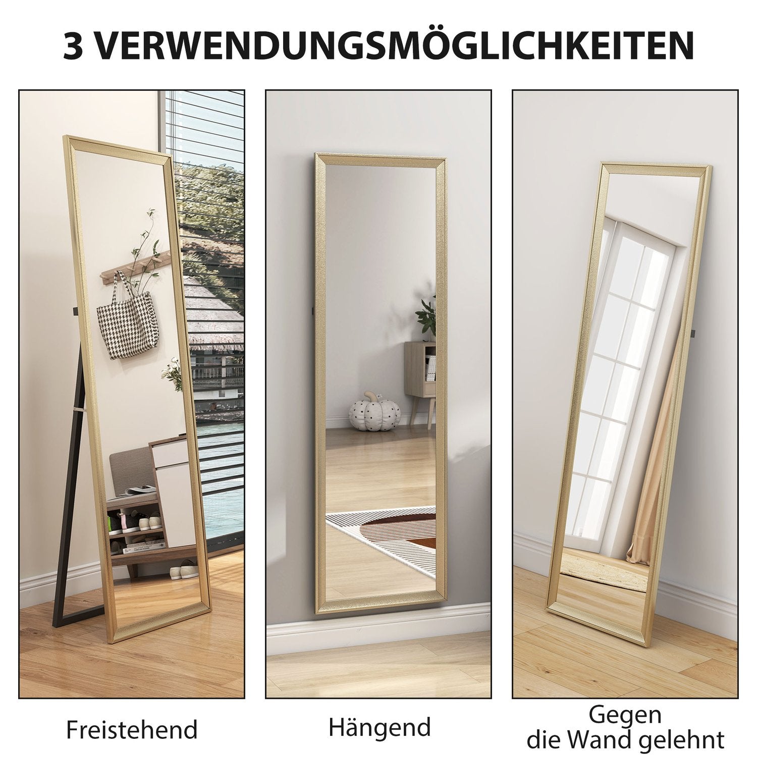 Helkroppsspegel, flexibel placering, 160x50 cm, guld