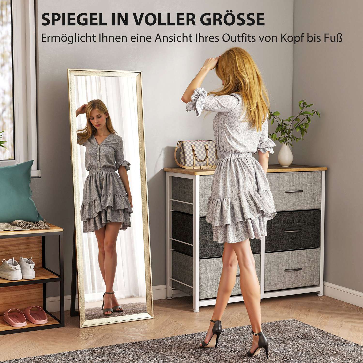 Helkroppsspegel, flexibel placering, 160x50 cm, guld