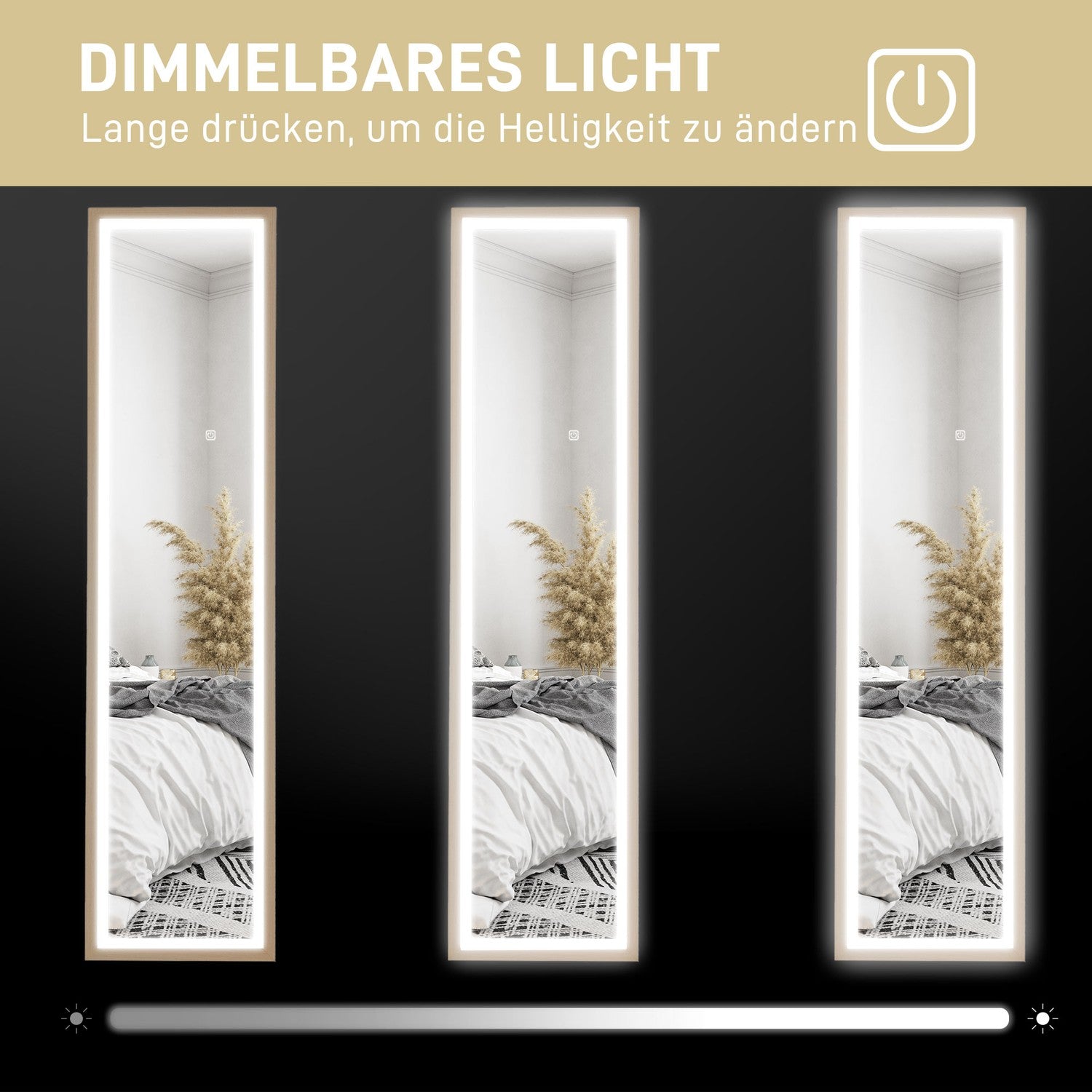 Hellängd LED-spegel, 40x160 cm, Touch Control, Ek