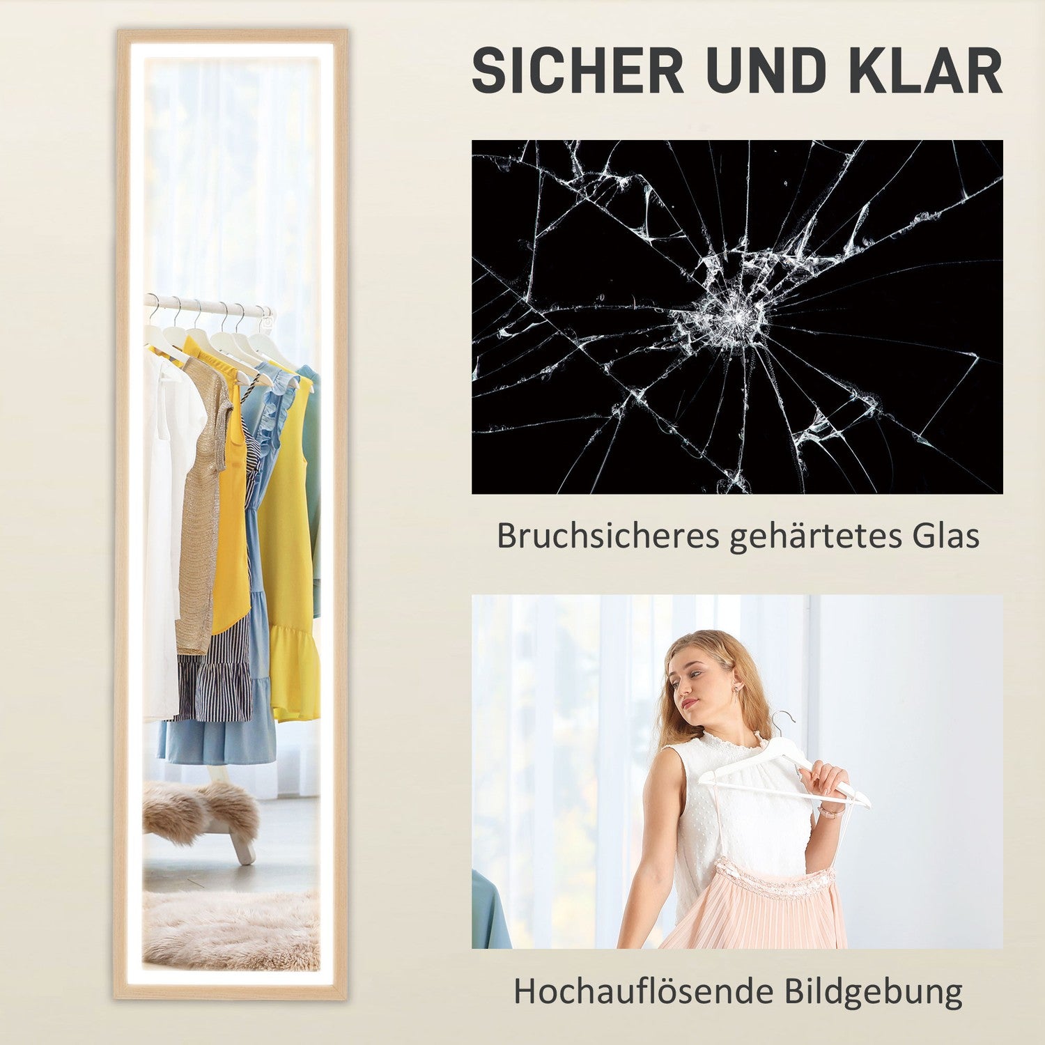 Hellängd LED-spegel, 40x160 cm, Touch Control, Ek