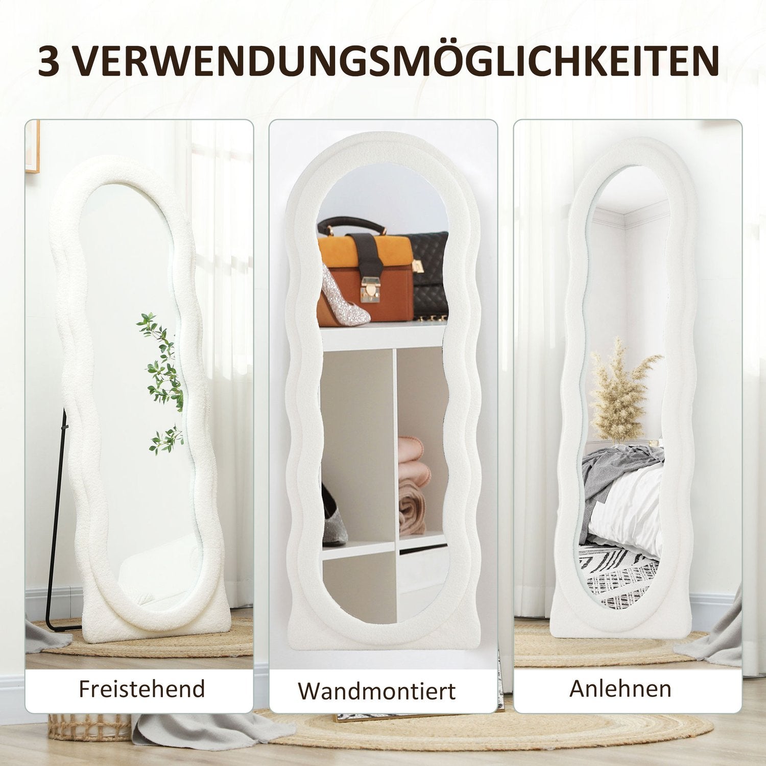 Hellängdsspegel 160 x 60 cm Böjd stående spegel med vågdesign Splittrsäkert glas Vit