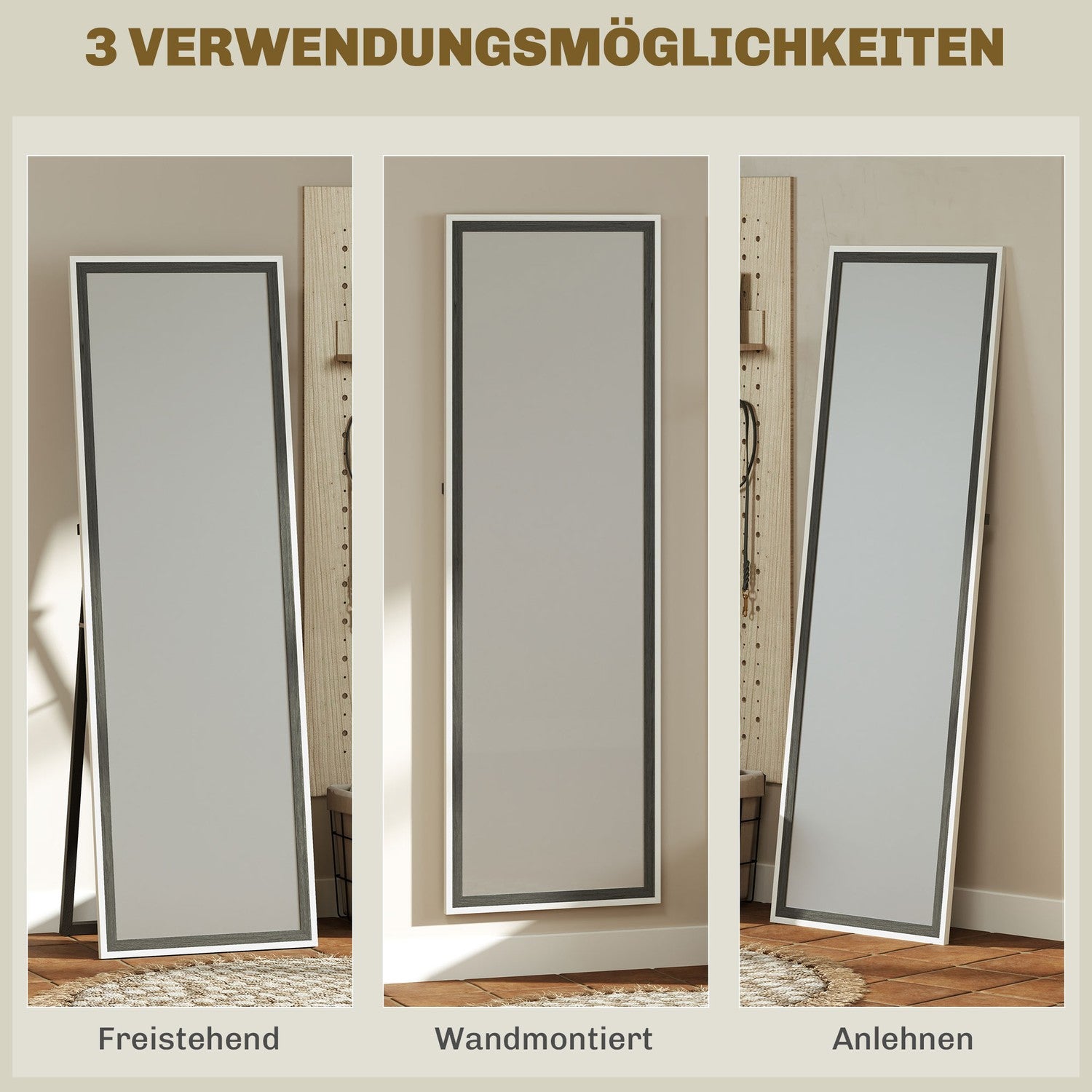 Hellängdsspegel, MDF-ram, spricksäker film, 162,6 x 53,3 cm, grå