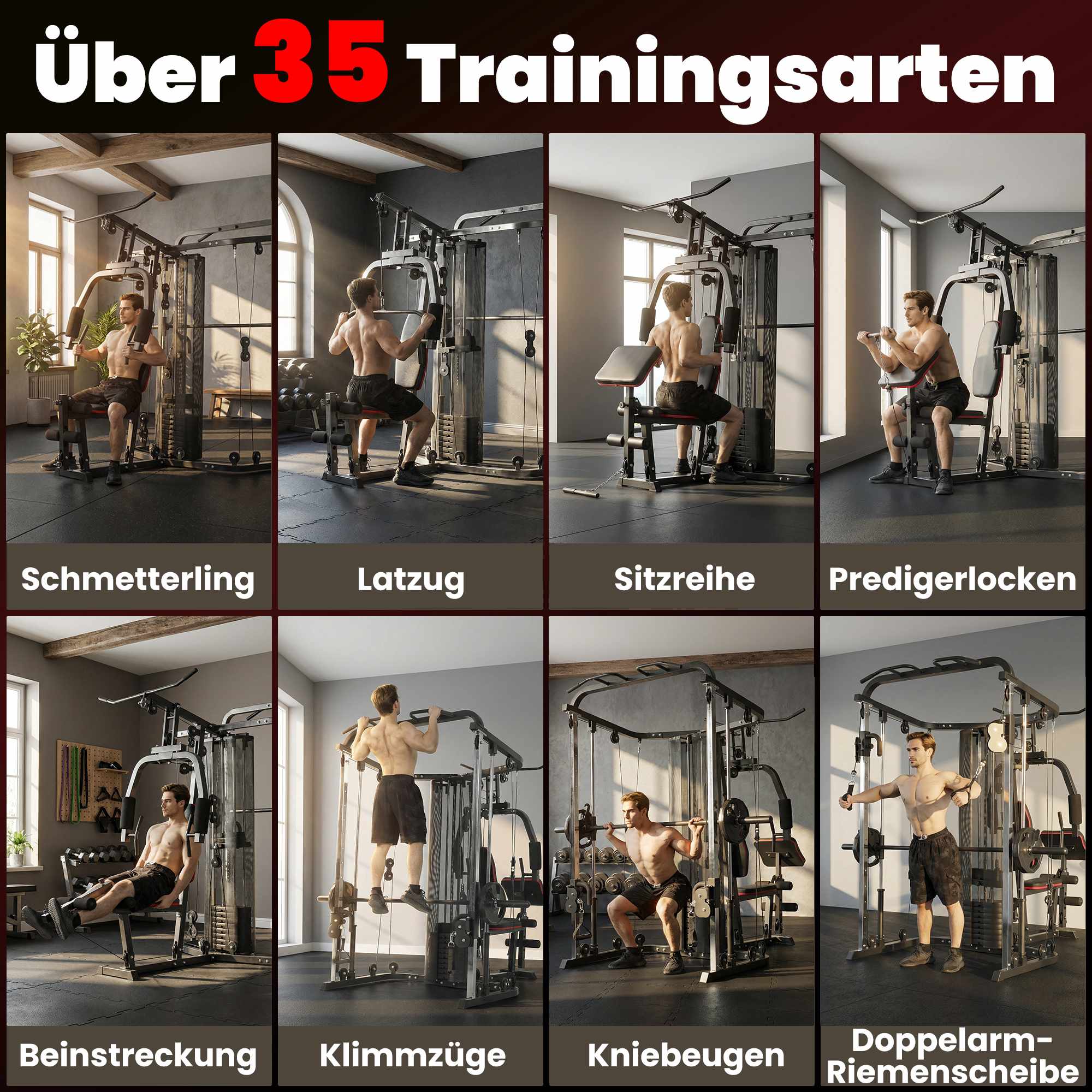 Hemmagymstation med 65 kg vikter, latsdrag och Preacher Bench