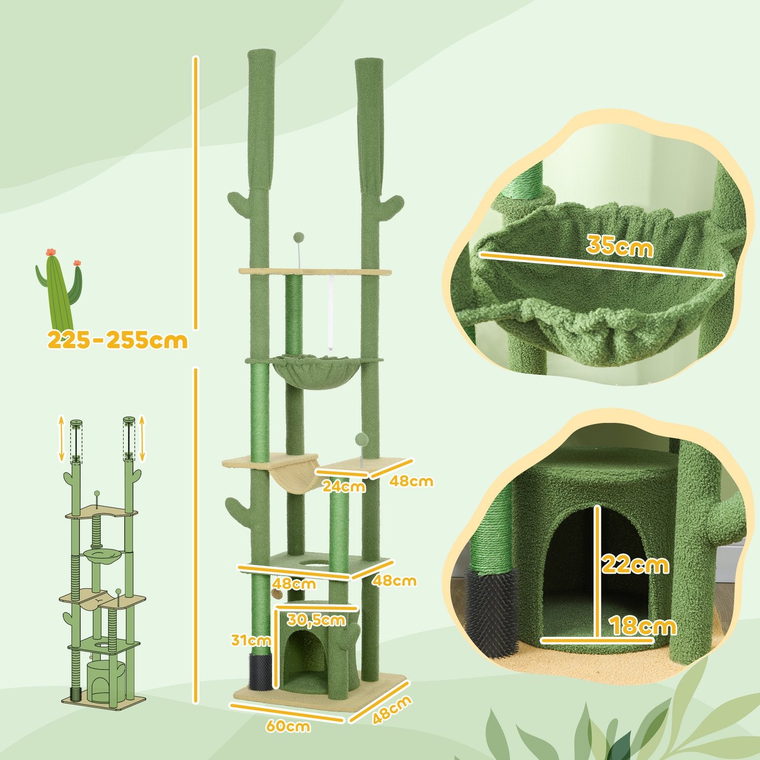 Högt i tak kattträd 225-255cm med grotta & korg - grön