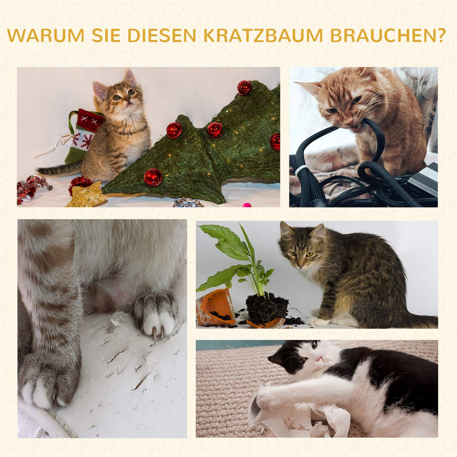 Högt kattträd med grottor och plattformar, sisalstolpar, grå