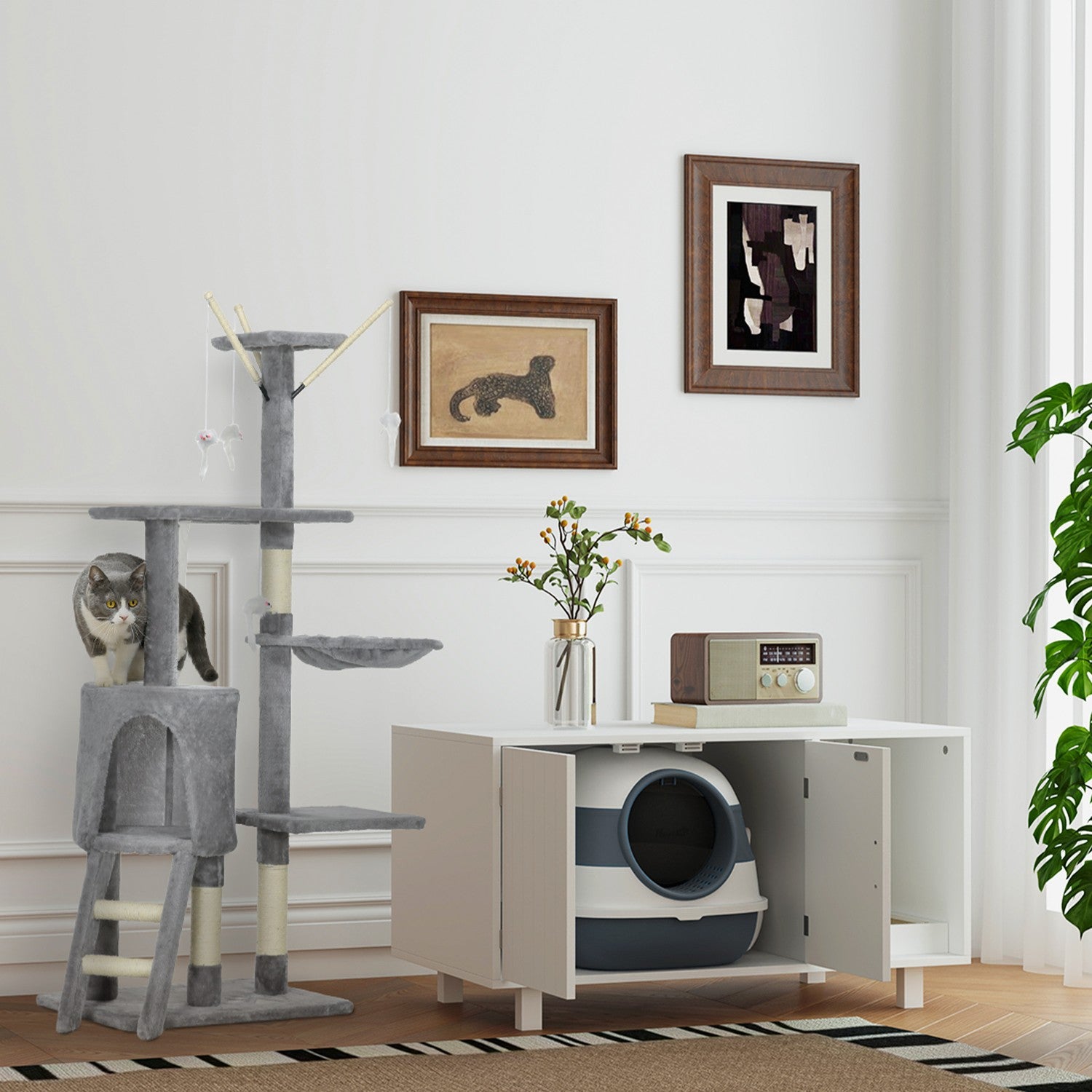 Vysoké kočičí škrabadlo se škrábacím sloupkem a hračkami, šedobílé
