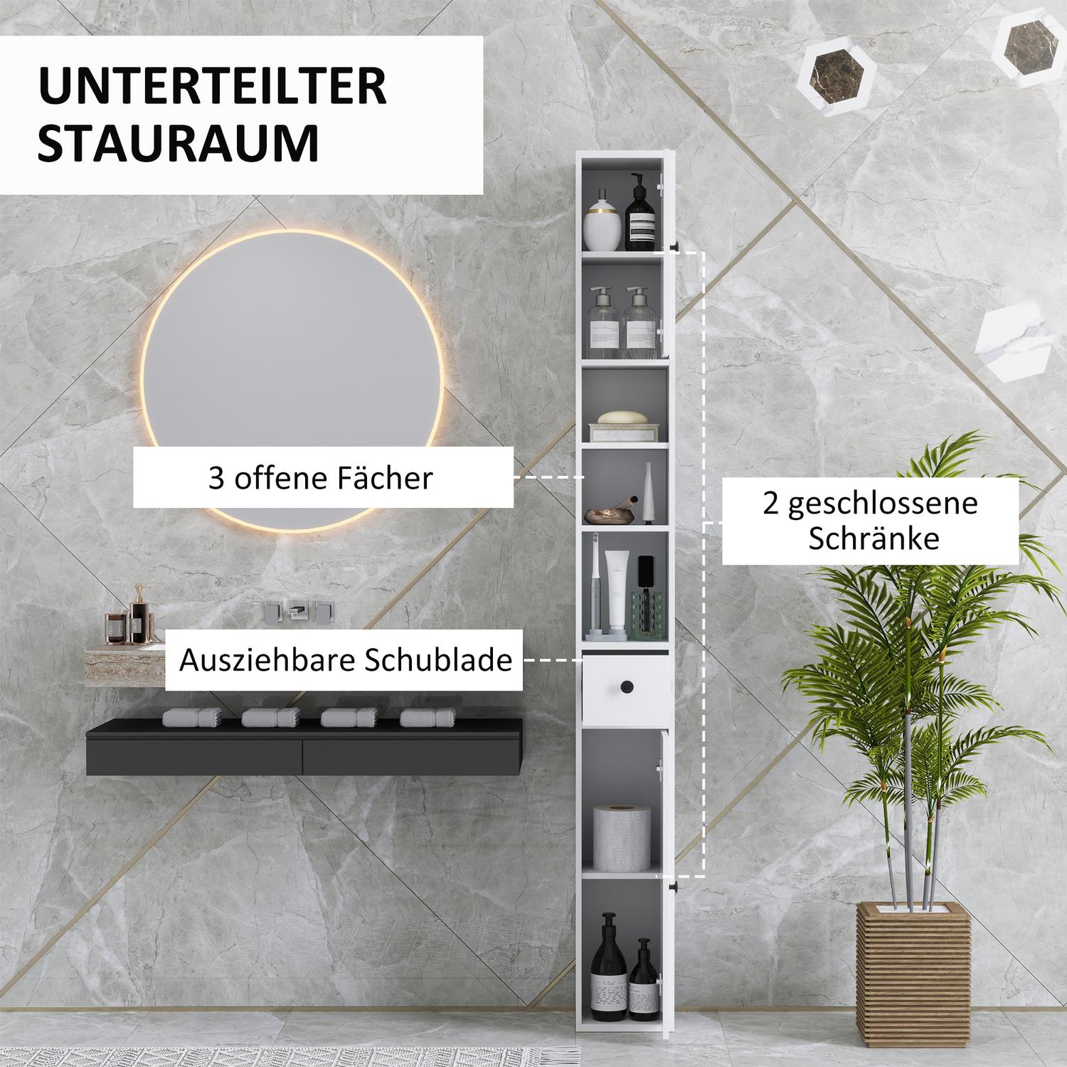 Vysoká úzká koupelnová skříňka s nastavitelnou policí, bílá
