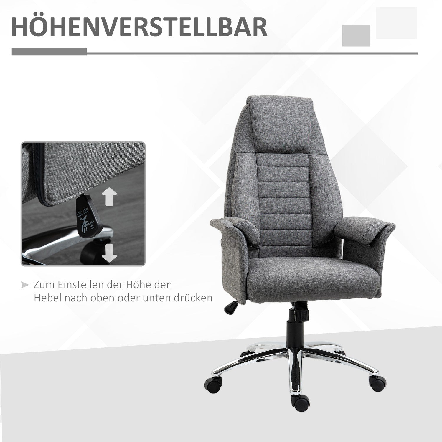 Höjdjusterbar grå kontorsstol, tyg & metall