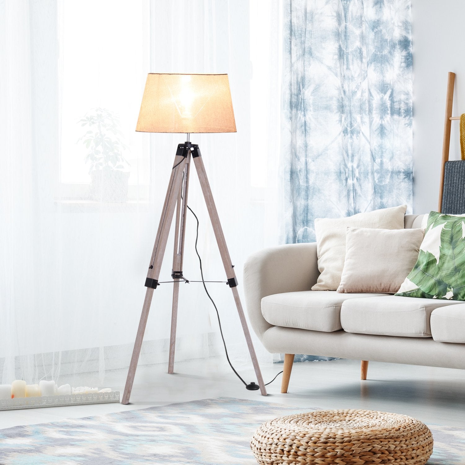 Höjdjusterbar stativ golvlampa, trä & linne, skandinavisk design