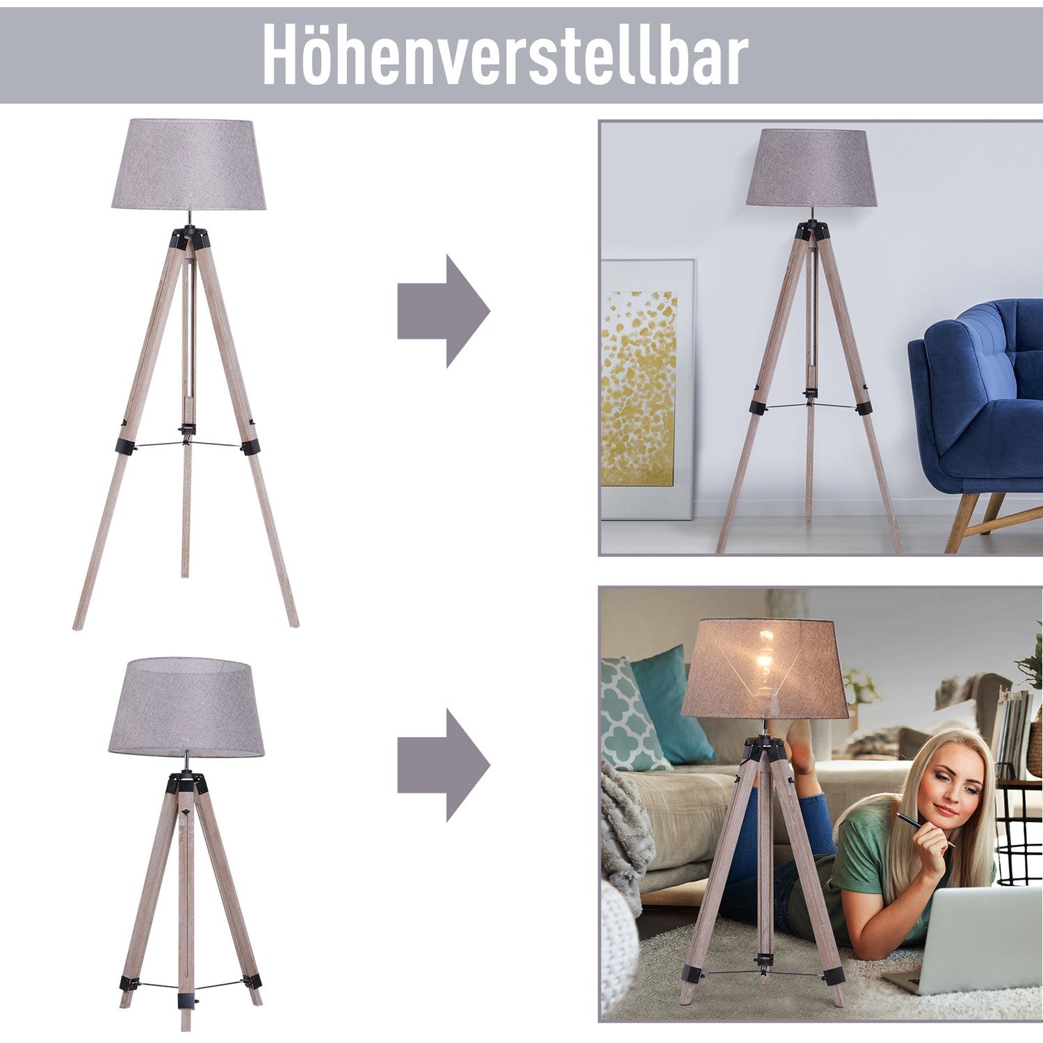 Höjdjusterbar stativ golvlampa, trä & linne, skandinavisk design