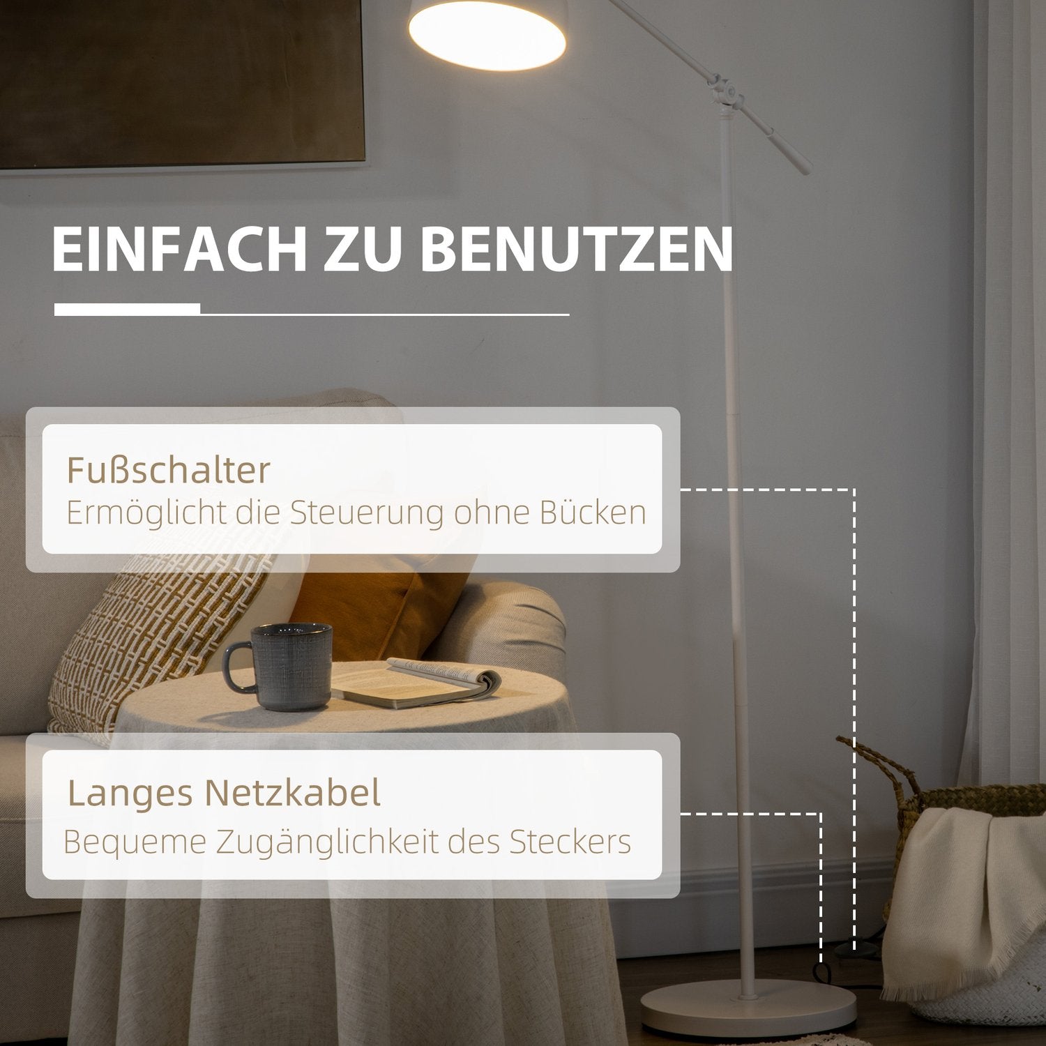 Výškově nastavitelná bílá oblouková stojací lampa na čtení, patice E27