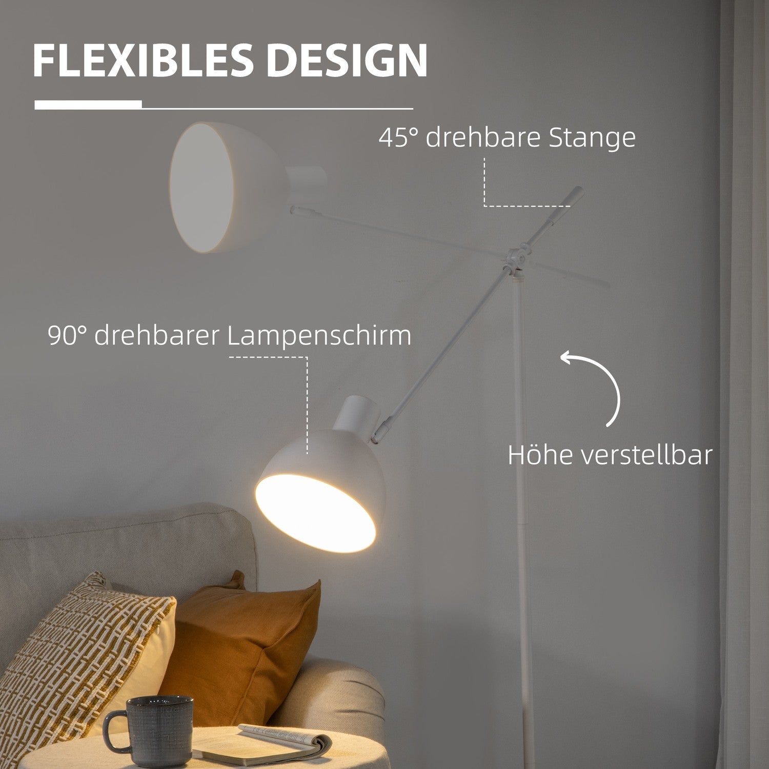 Výškově nastavitelná bílá oblouková stojací lampa na čtení, patice E27