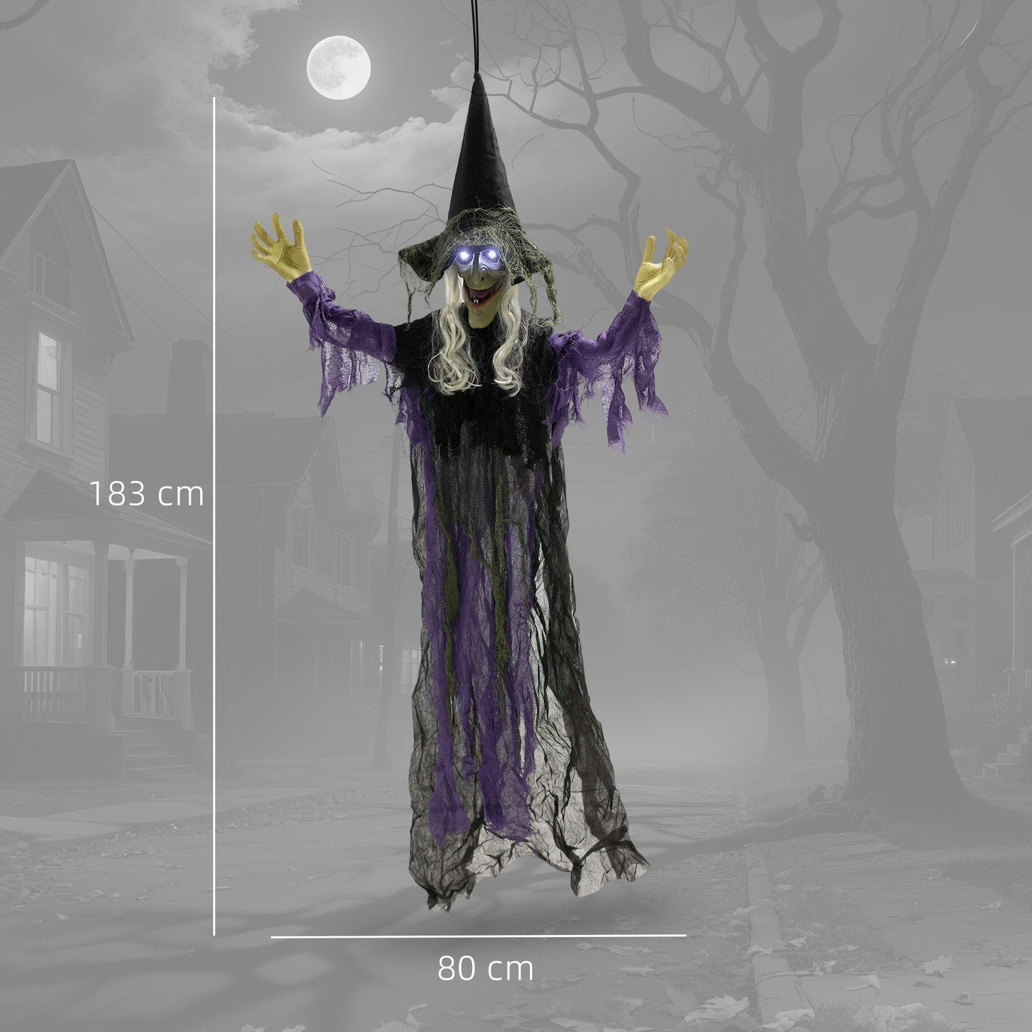 Hängande Halloweenhäxa med LED-ljus, ljud, 183 cm