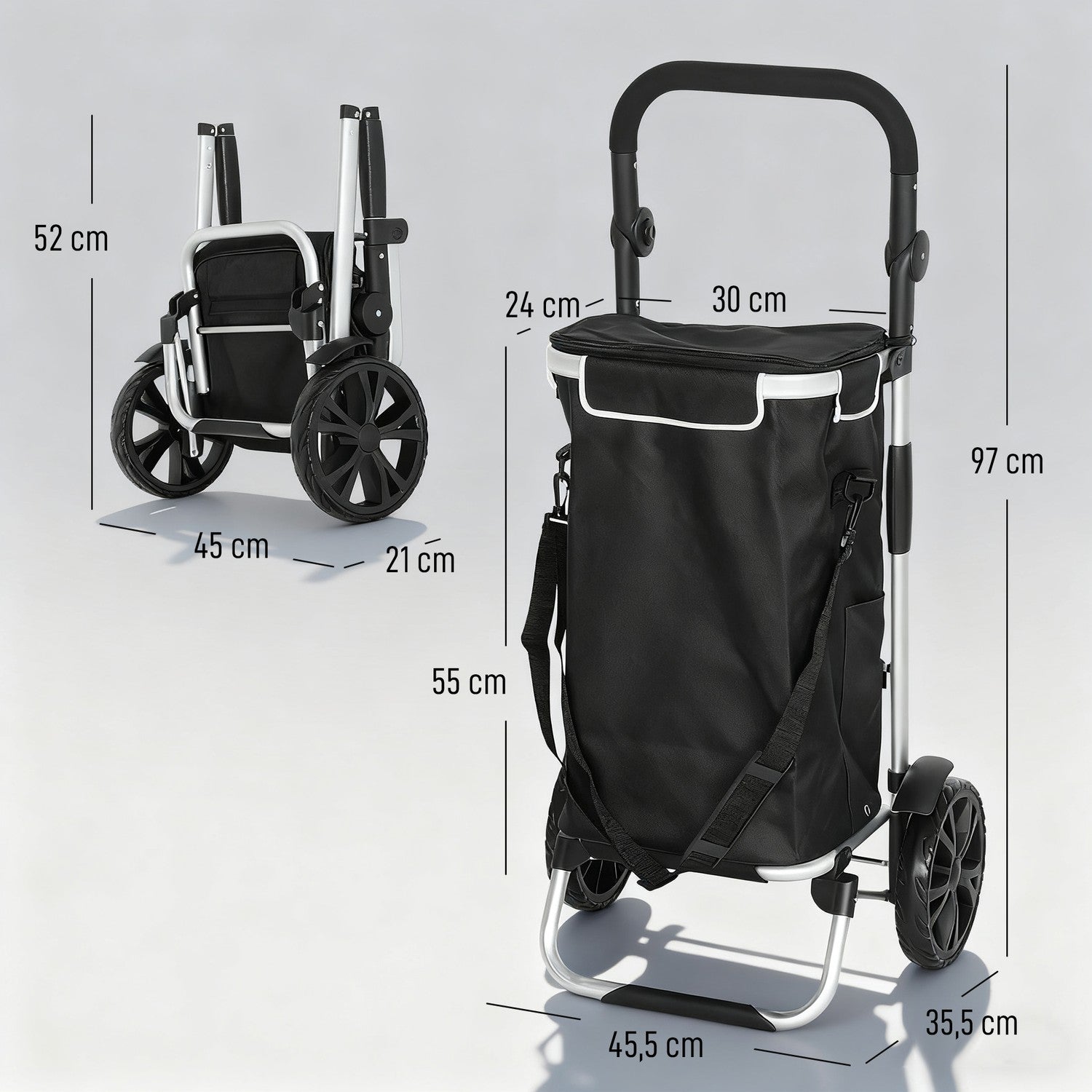 Hopfällbar 3-i-1-kundvagn, 40 l, 25 kg kapacitet, svart