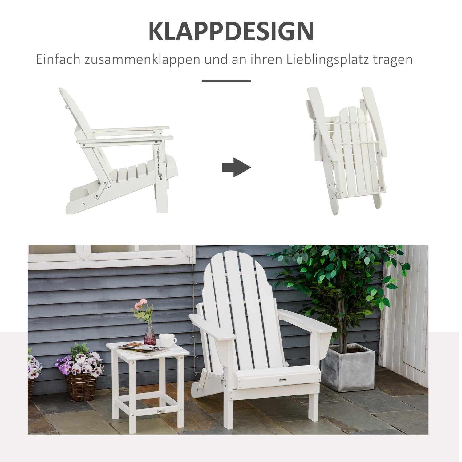 Hopfällbar Adirondack Trädgårdsstol – Vit, 75x87x93 cm