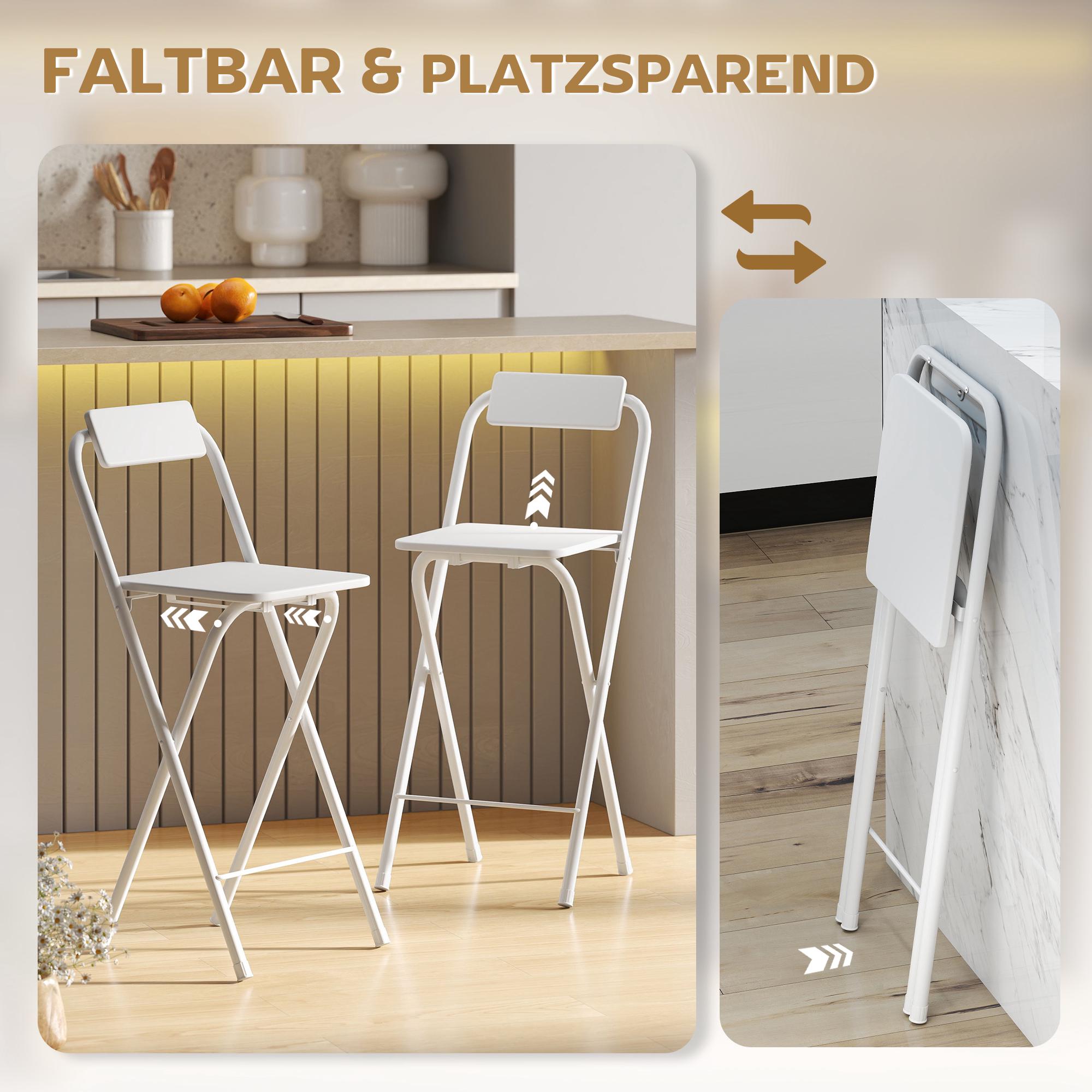 Hopfällbara barstolar, set om 2 med stålram, vit
