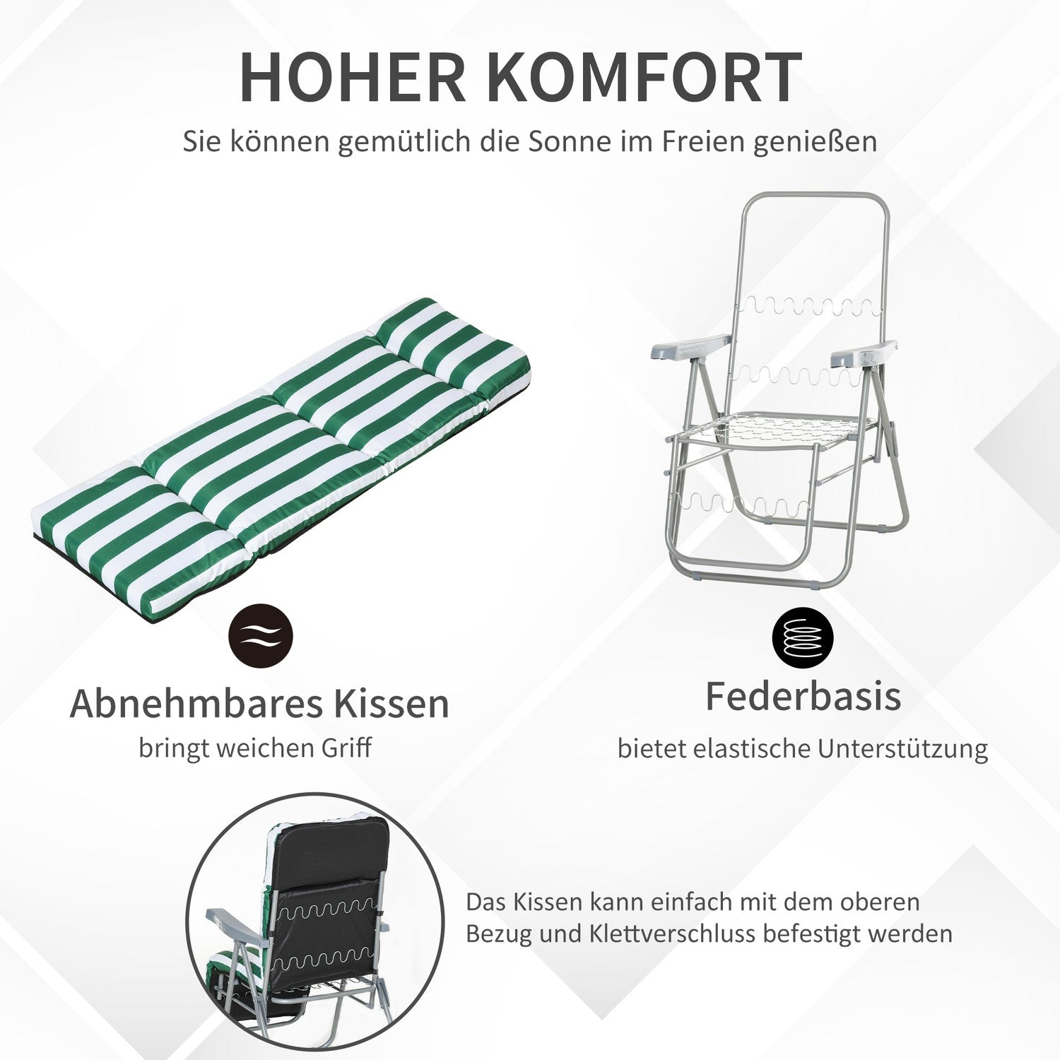 Hopfällbara trädgårdsstolar, justerbar solstol med kuddar