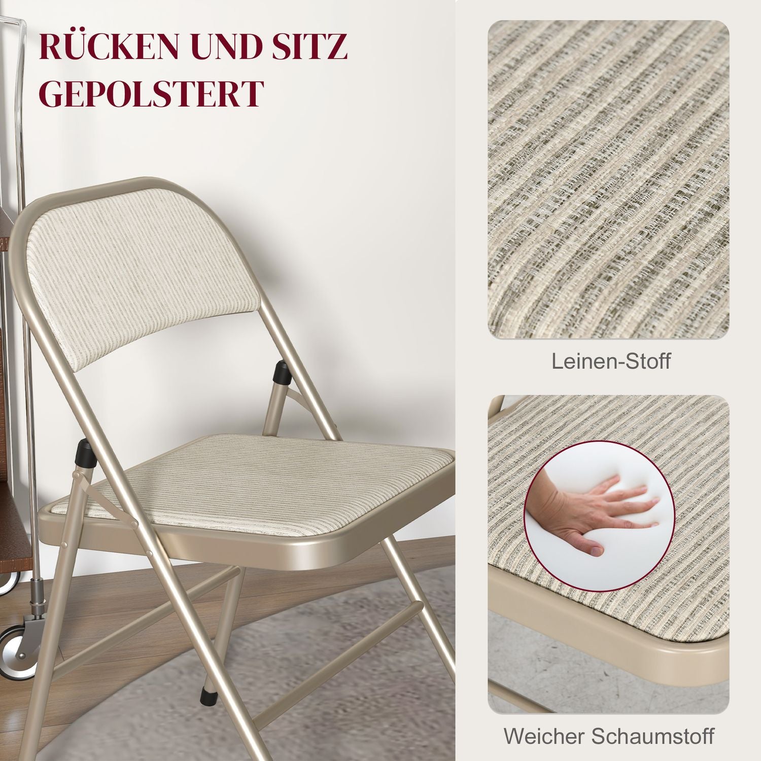 Hopfällbara vadderade stolar, set om 4 – Stålram, beige