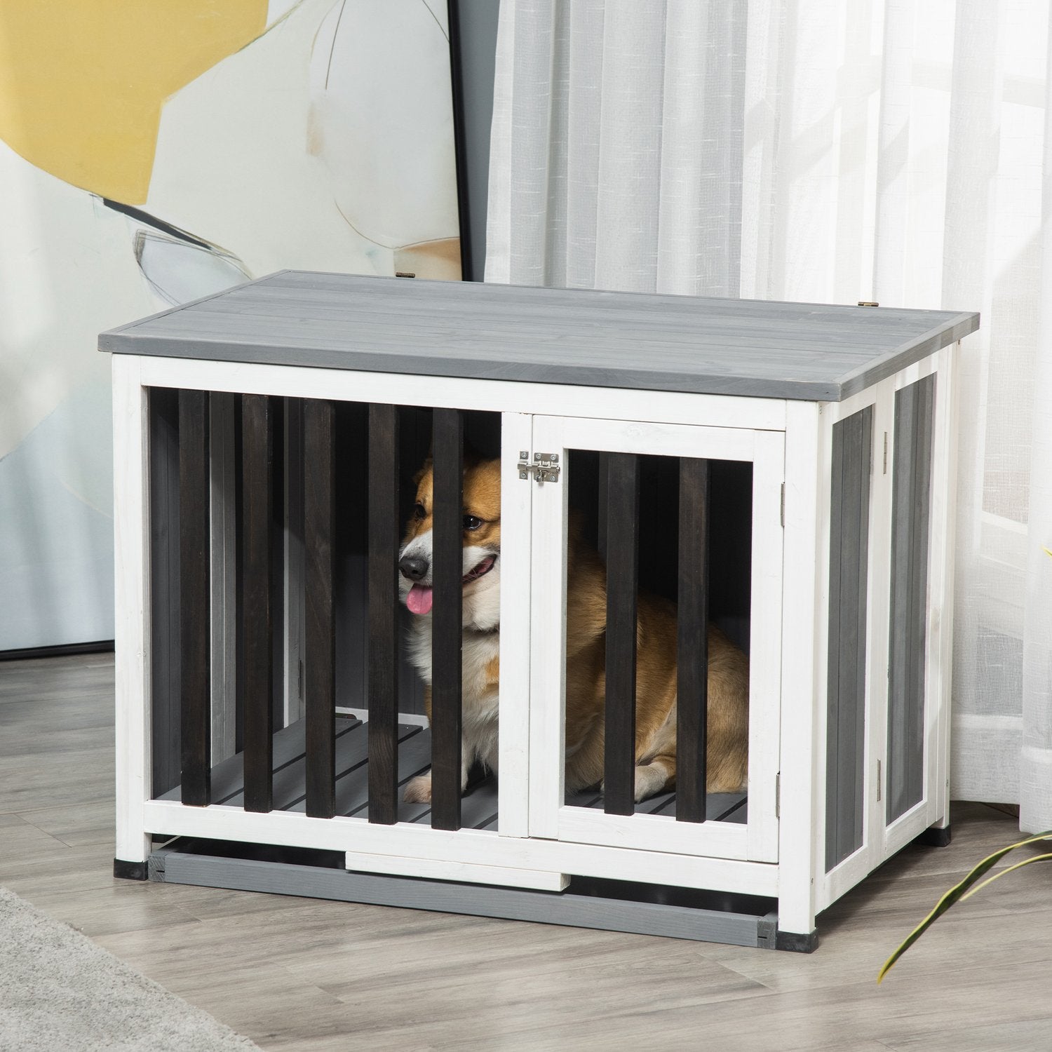 Hopfällbar grå hundkennel med fönster, 84,5x51,4x61cm