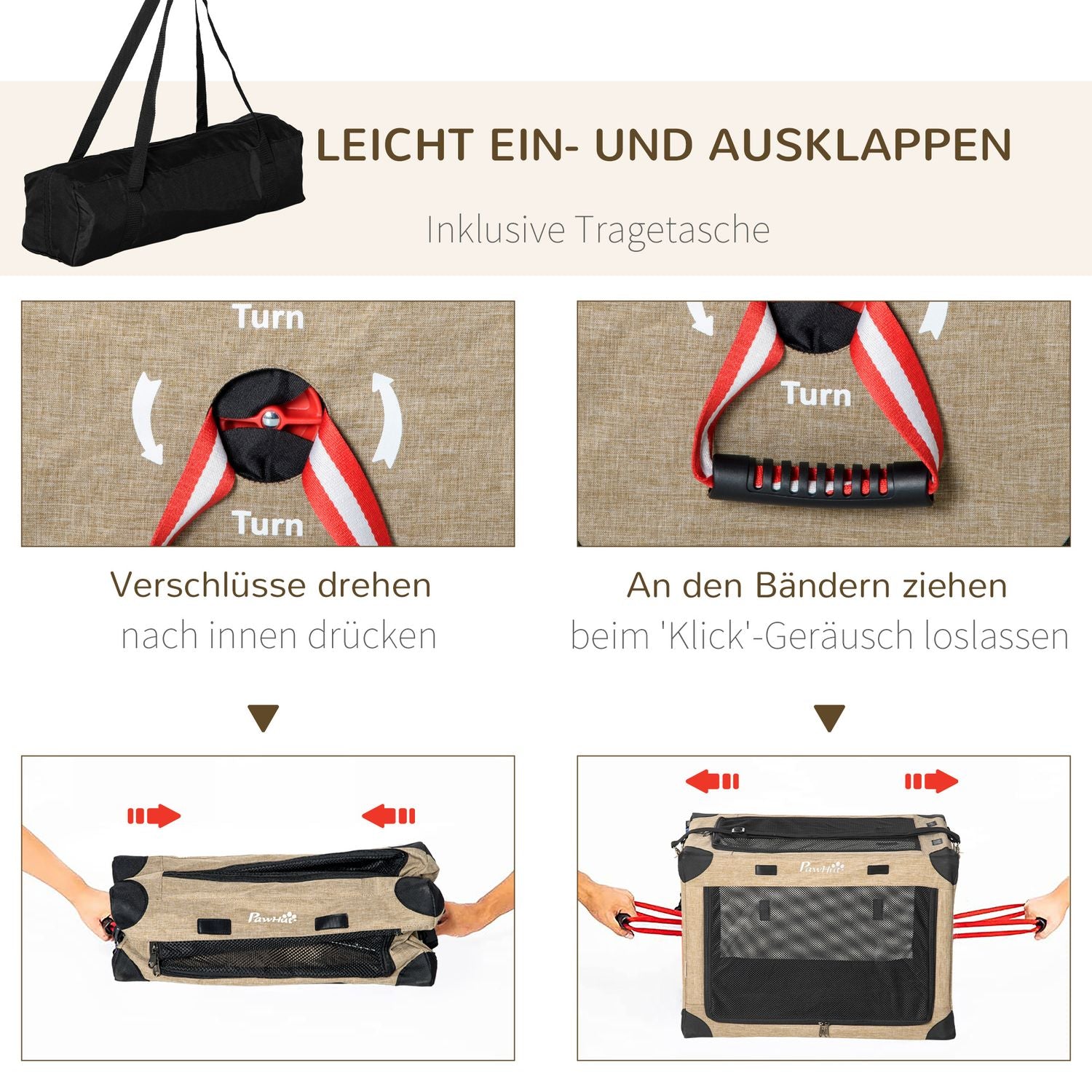 Hopfällbar hundtransportlåda med handtag, Khaki, 48,5x33,5x33cm