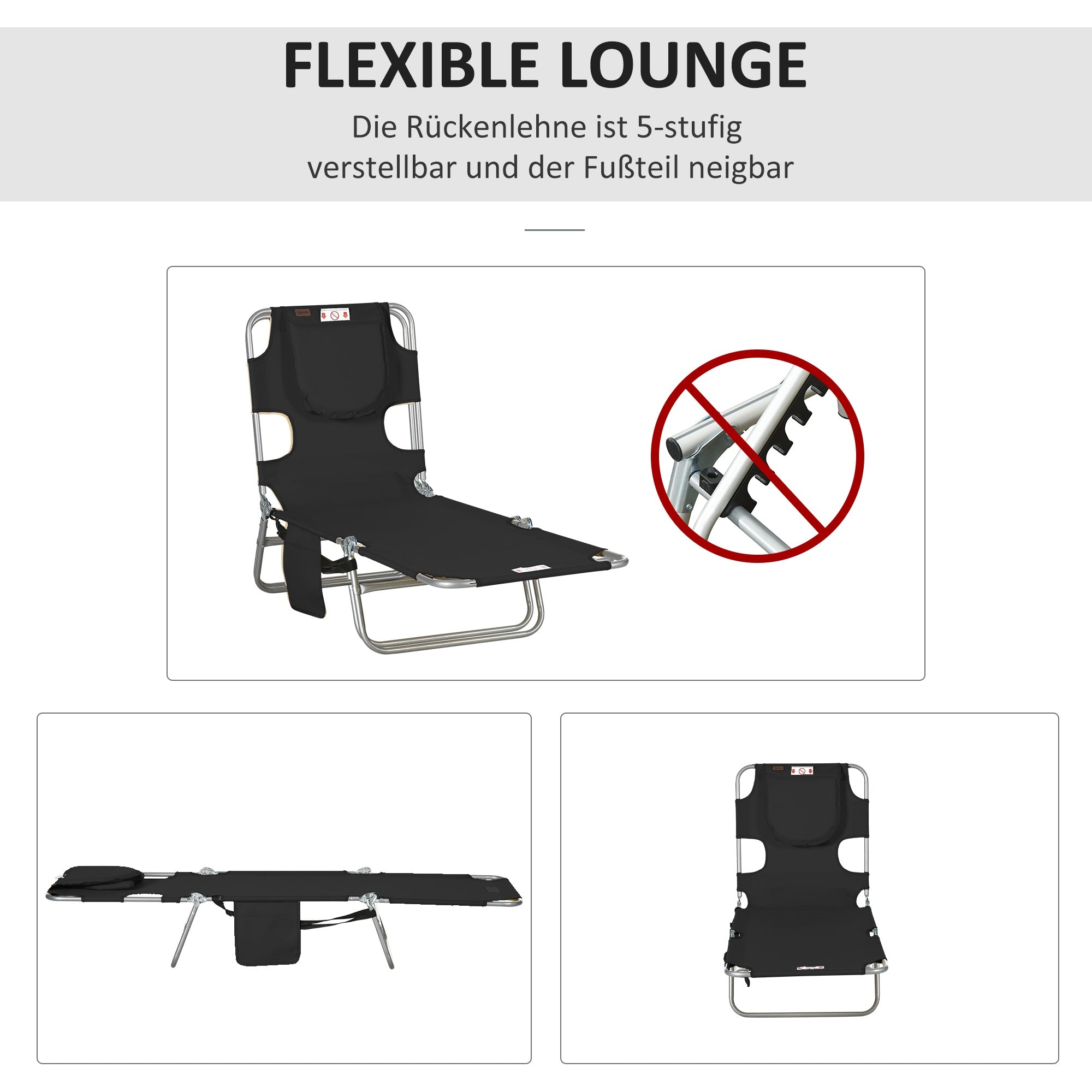 Hopfällbar solsäng med justerbart ryggstöd och ansiktshål