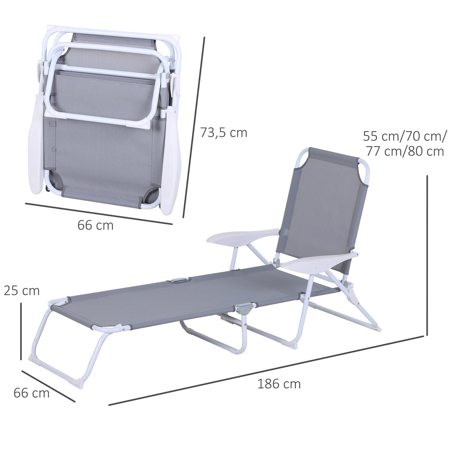 Hopfällbar solstol med 4-våningsnät, Grå 160x66x80 cm