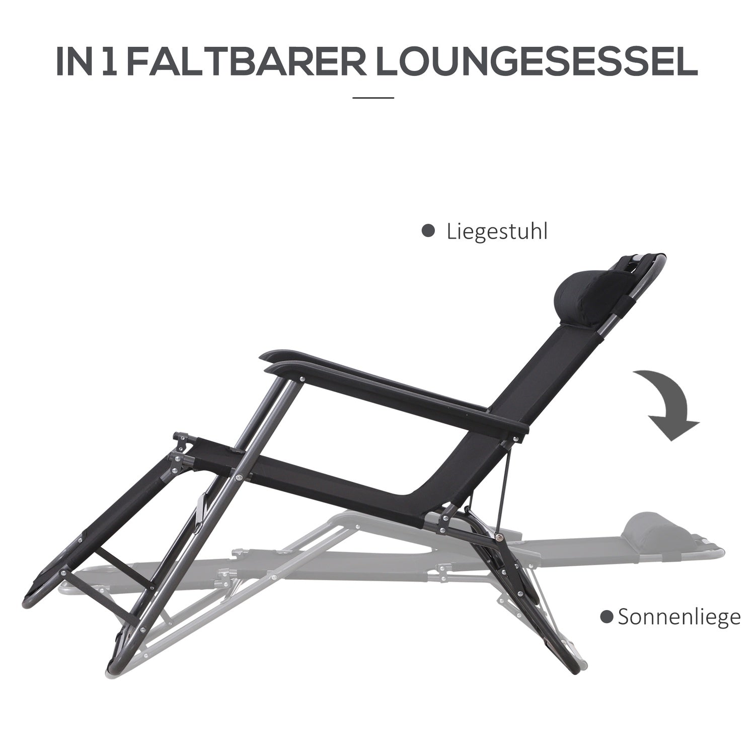 Hopfällbar solstol med kudde, svart metall & Oxford-tyg
