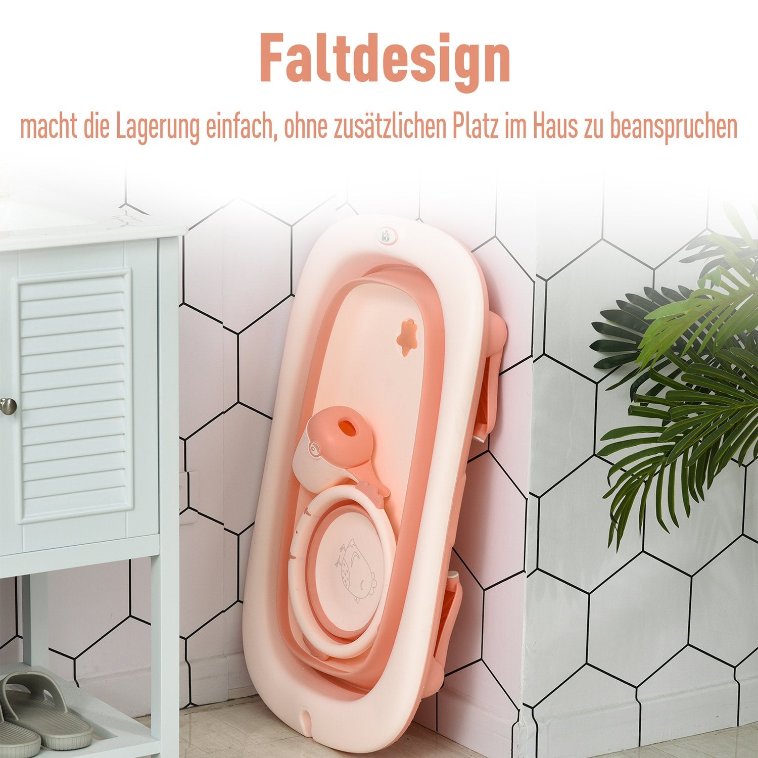 Hopfällbart babybadkar med handfat & kopp, plast, ros