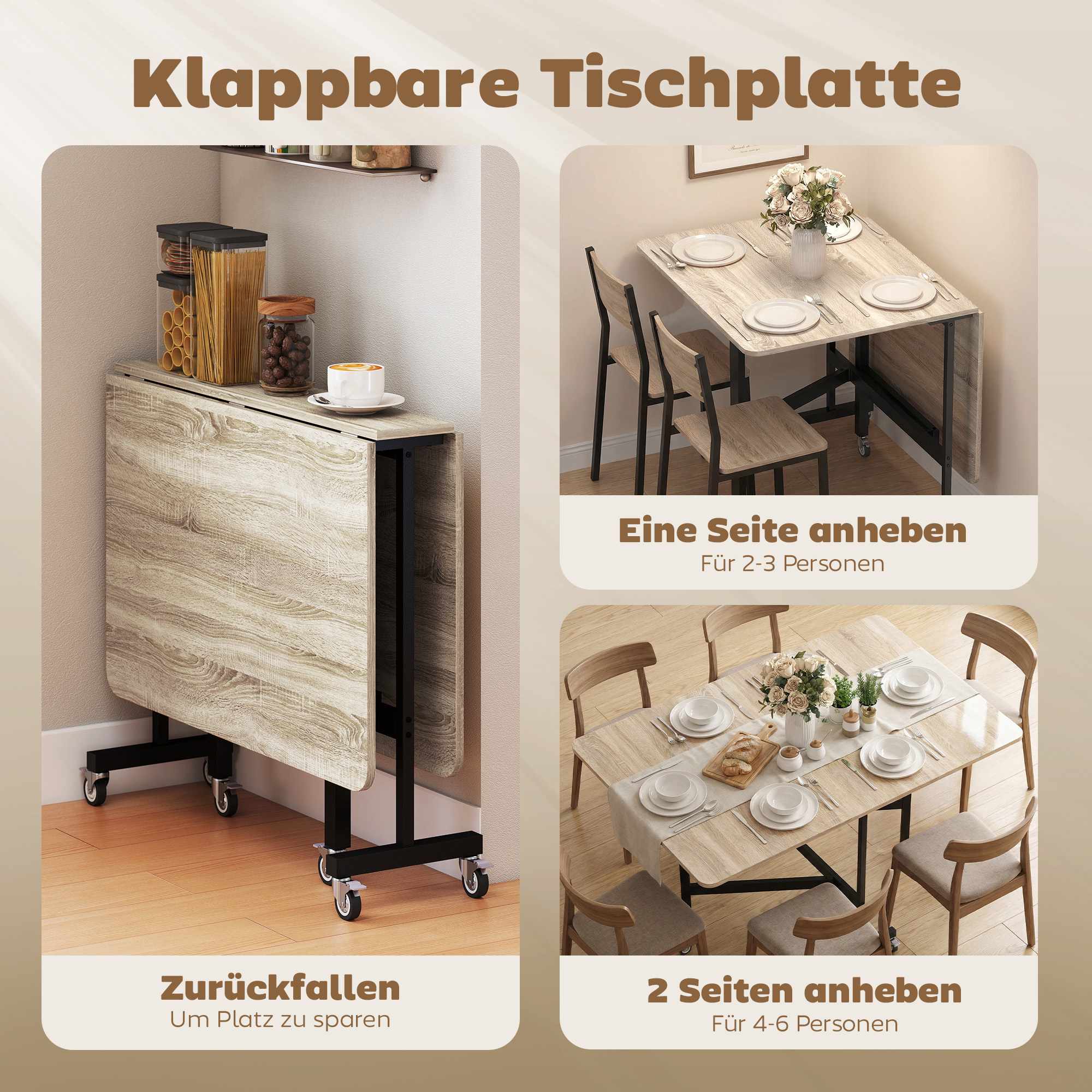 Hopfällbart matbord för 6 personer, ekfinish, platsbesparande design