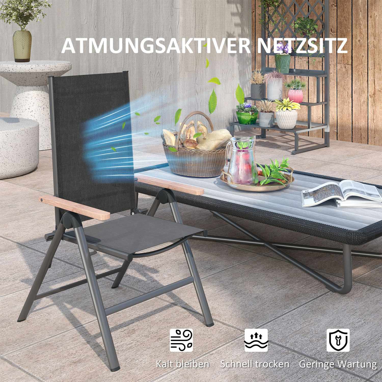 Skládací zahradní židle z oceli s područkami, černá, nosnost 120 kg