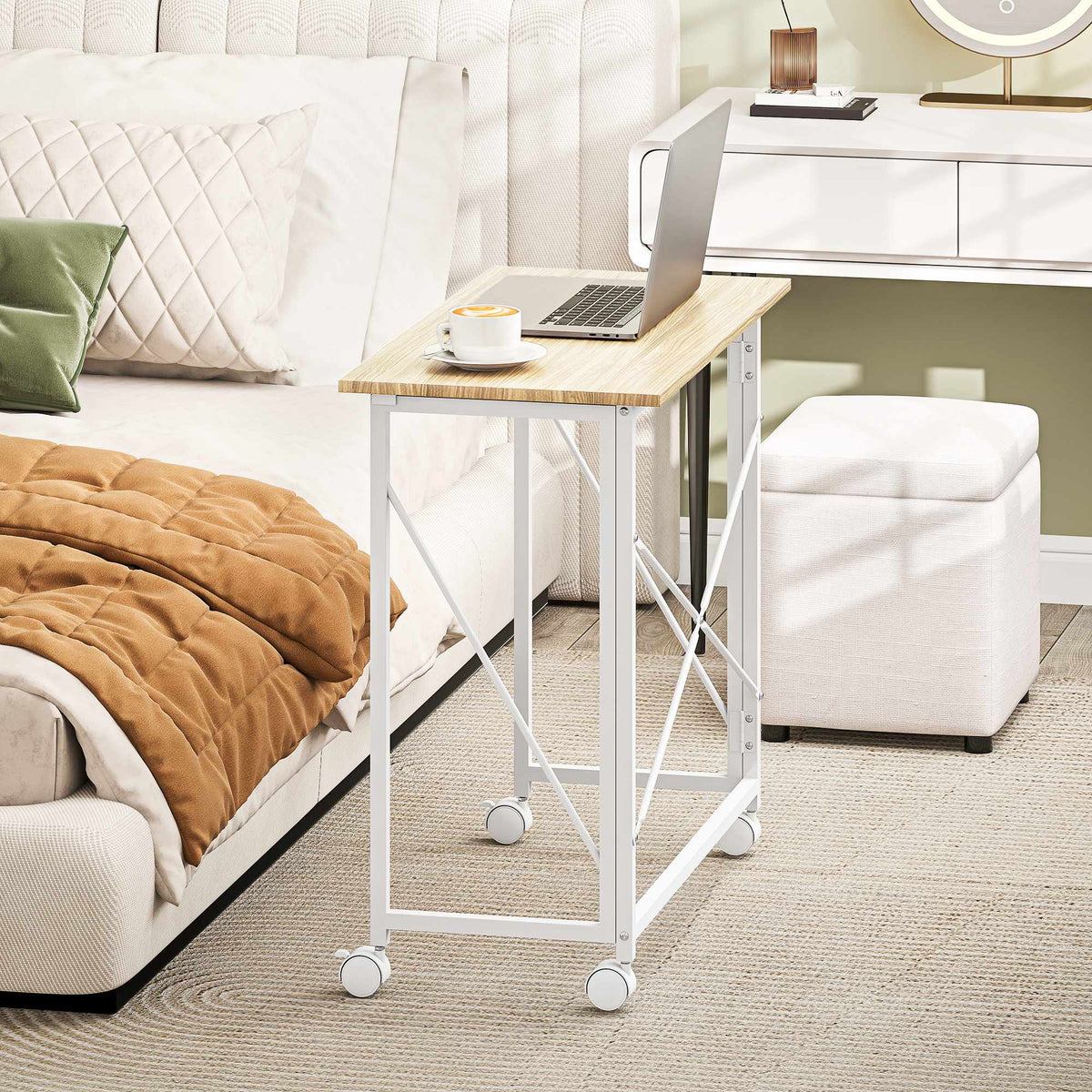 Skládací stůl s kolečky, úsporný design, ocel a MDF, přírodní barva
