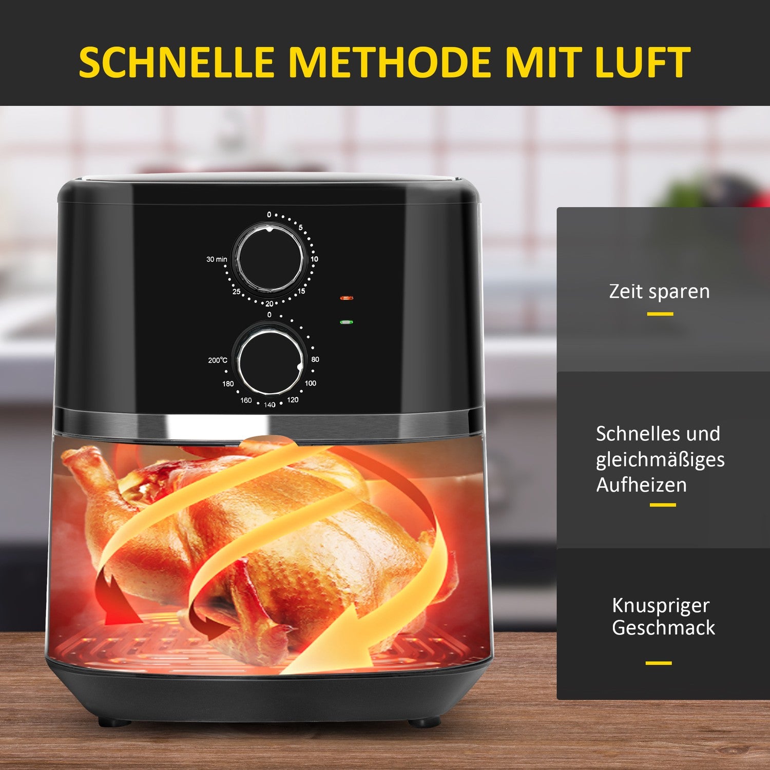 Hot Air Fryer 4,5L, 1500W, Oljefri Matlagning, Svart
