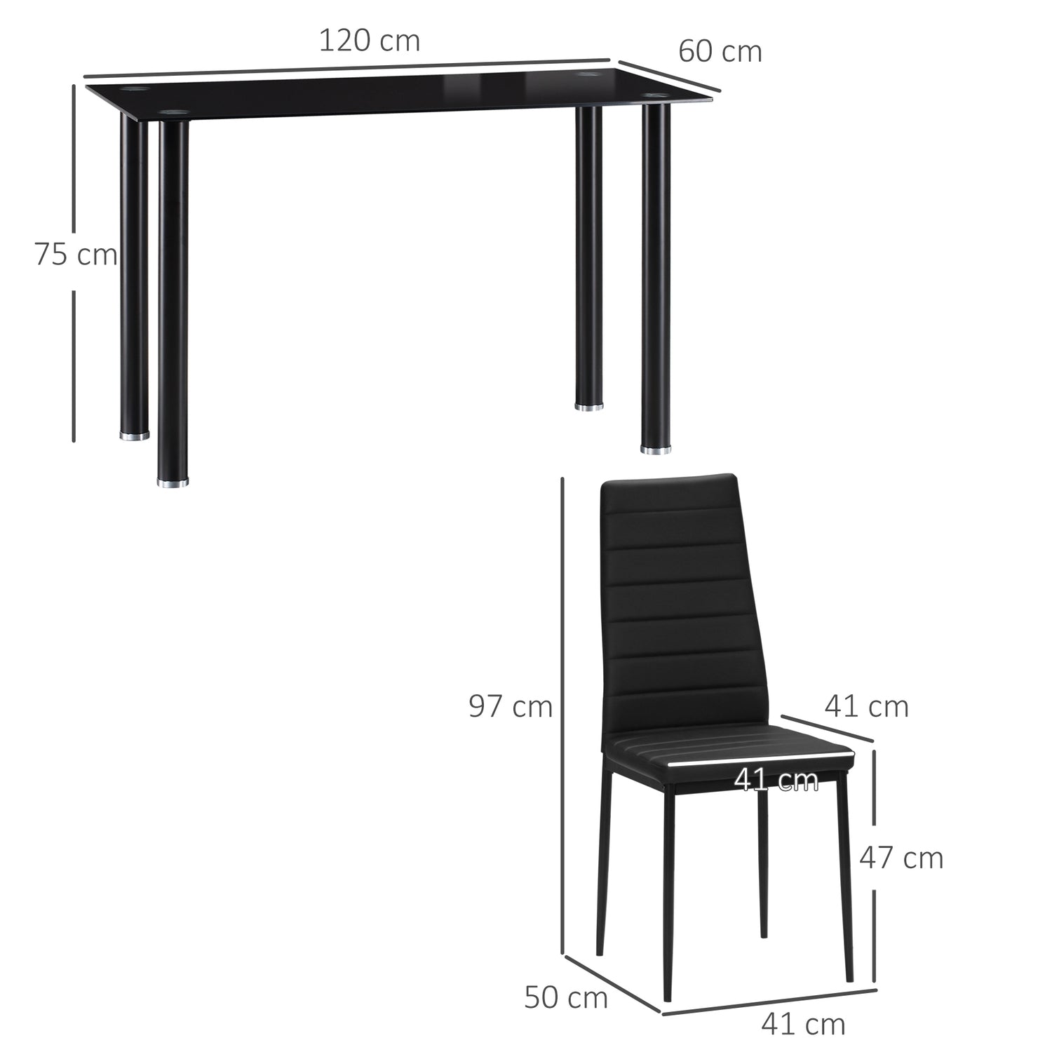 Härdat glas 5-delat matsalsset, bord och svarta stolar