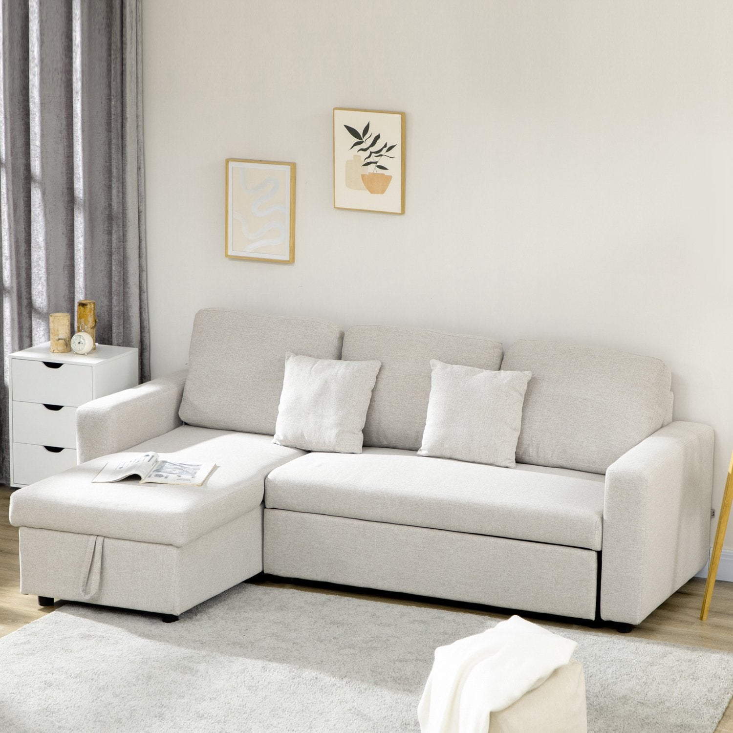 Hörnsoffa med sängfunktion, hörnsoffa inklusive 2-sits soffa, enkelsäng, L-form med förvaringsutrymme, 2 kuddar krämvita