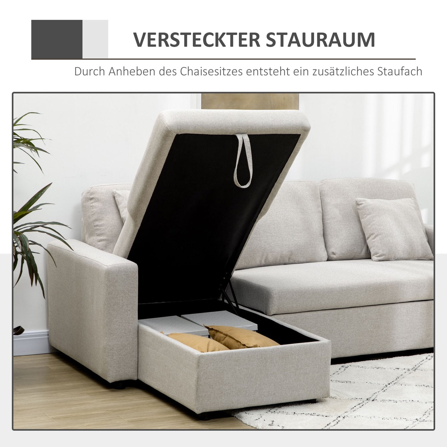 Hörnsoffa med sängfunktion, hörnsoffa inklusive 2-sits soffa, enkelsäng, L-form med förvaringsutrymme, 2 kuddar krämvita