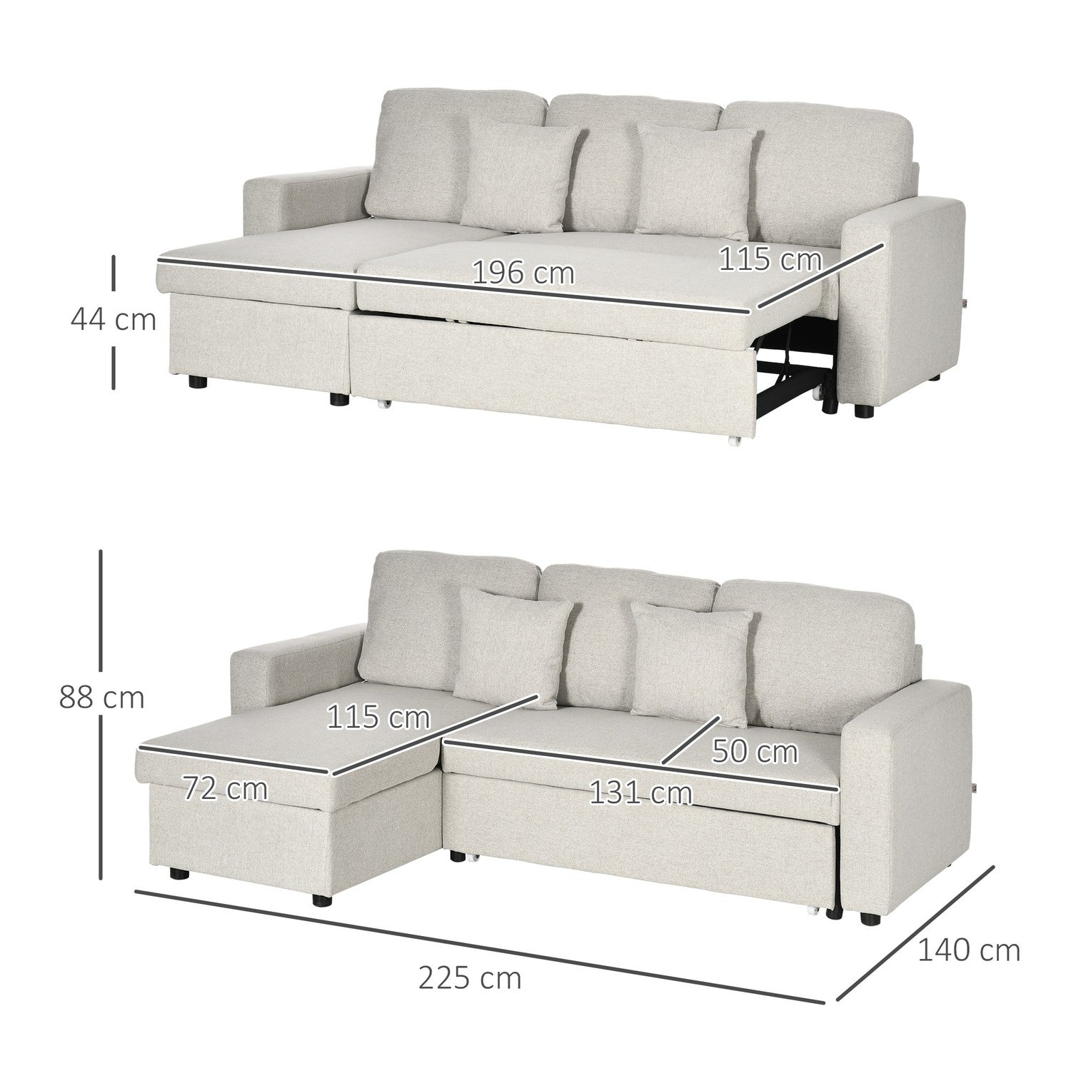 Hörnsoffa med sängfunktion, hörnsoffa inklusive 2-sits soffa, enkelsäng, L-form med förvaringsutrymme, 2 kuddar krämvita