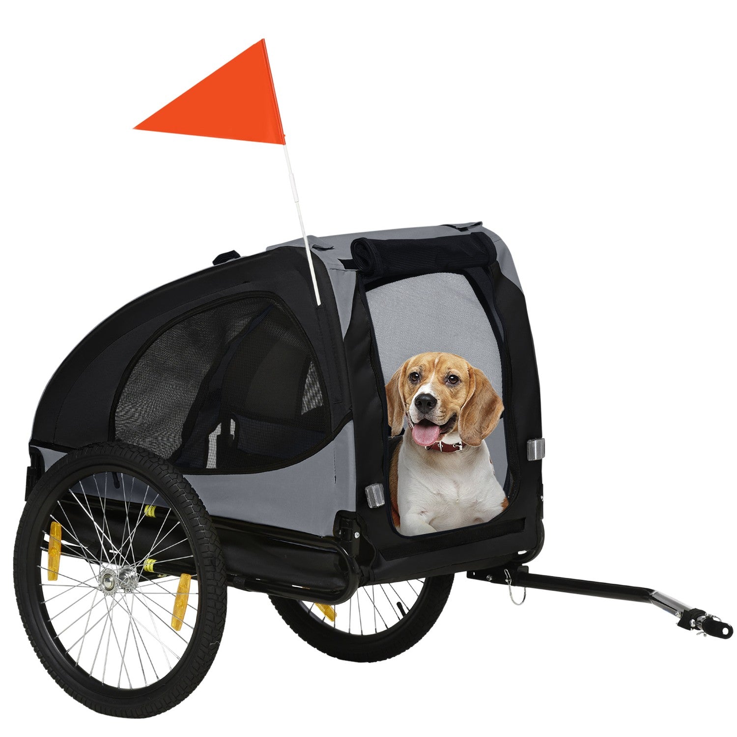 Hundcykelvagn – hopfällbar, nätfönster, reflexer, svart