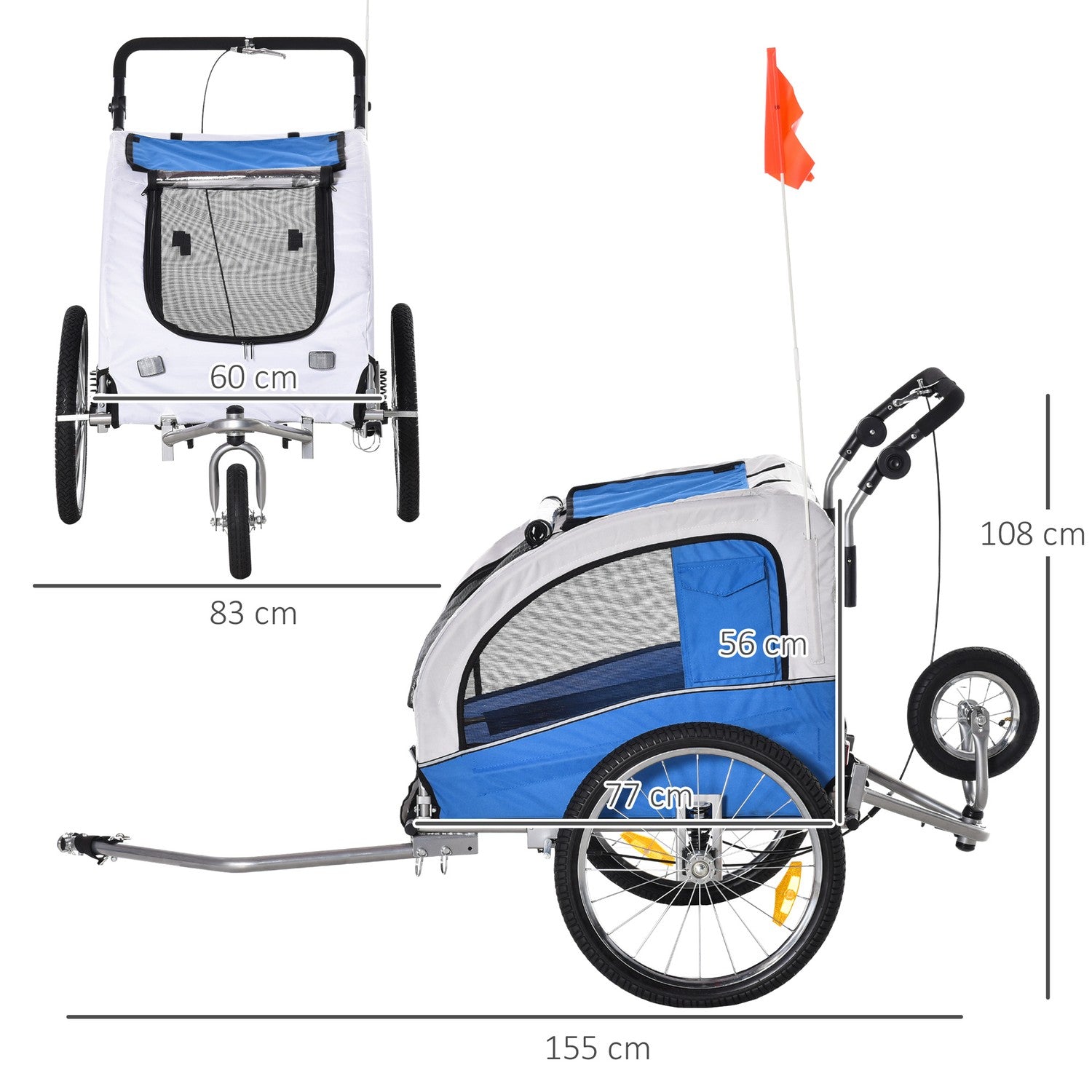 Hundcykelvagn och joggingvagn, blå/grå, 155 x 83 x 108 cm