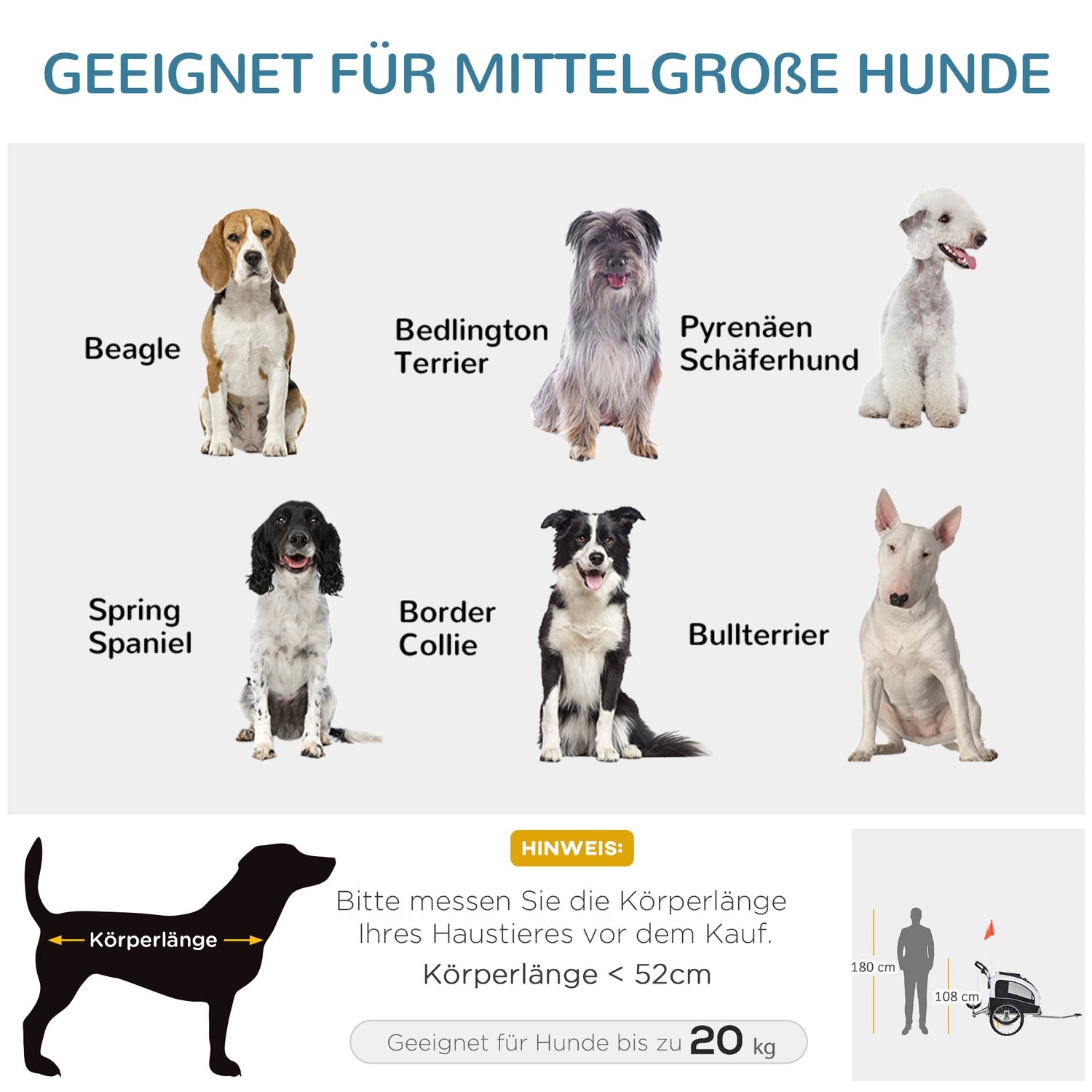 Hundcykelvagn – vit/svart, rymlig, 155 x 83 x 108 cm